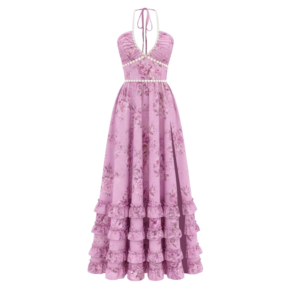 thumbnail image 4 of Puliio Maxi Dresses for Women Summer Halter Rhinestone Floral Slit Ruffle Vacation Dress, 4 of 4