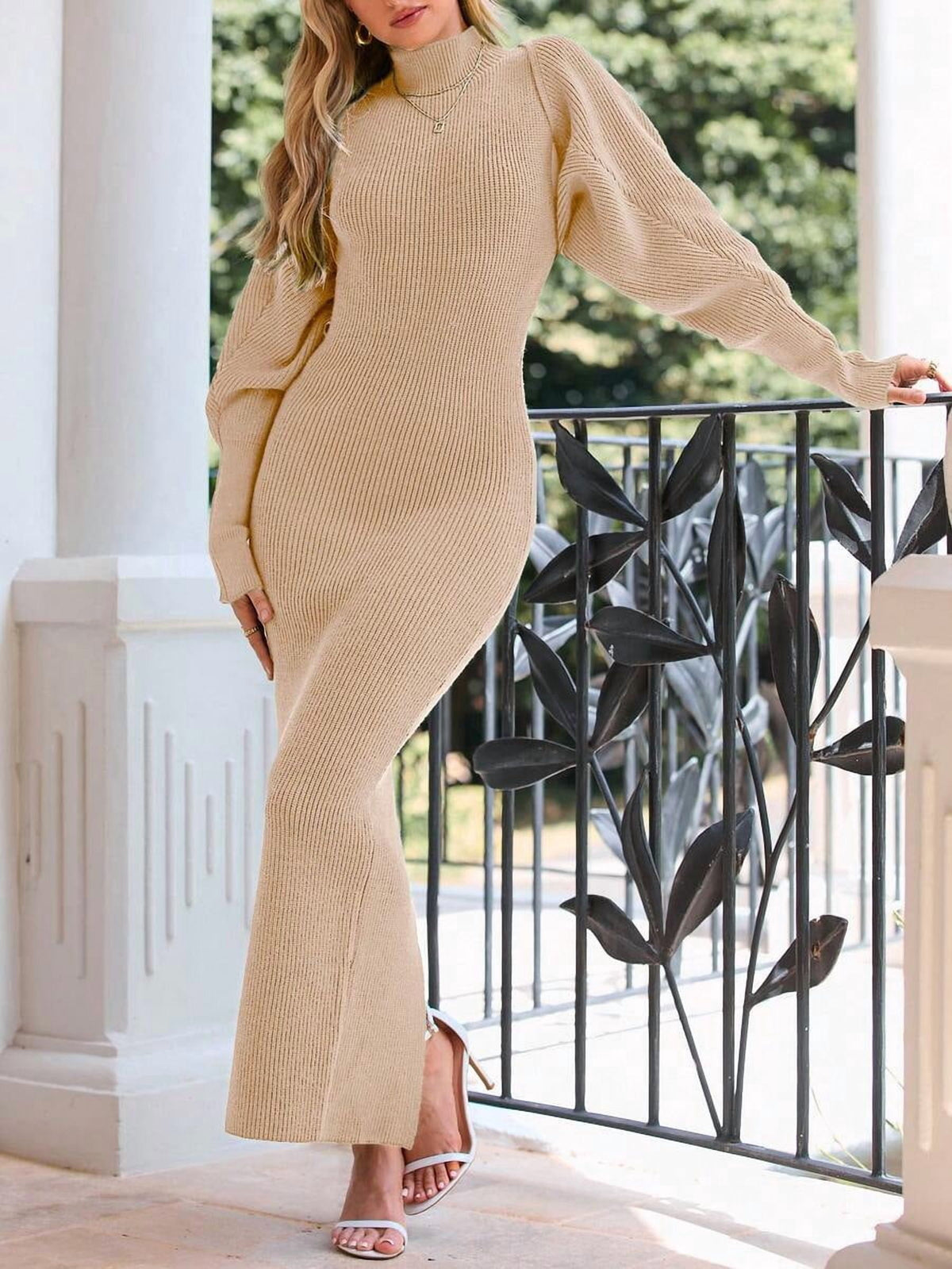 thumbnail image 5 of Beige Ribbed Knit Cold Shoulder Maxi Dress with High Neck and Split Hem, 5 of 5