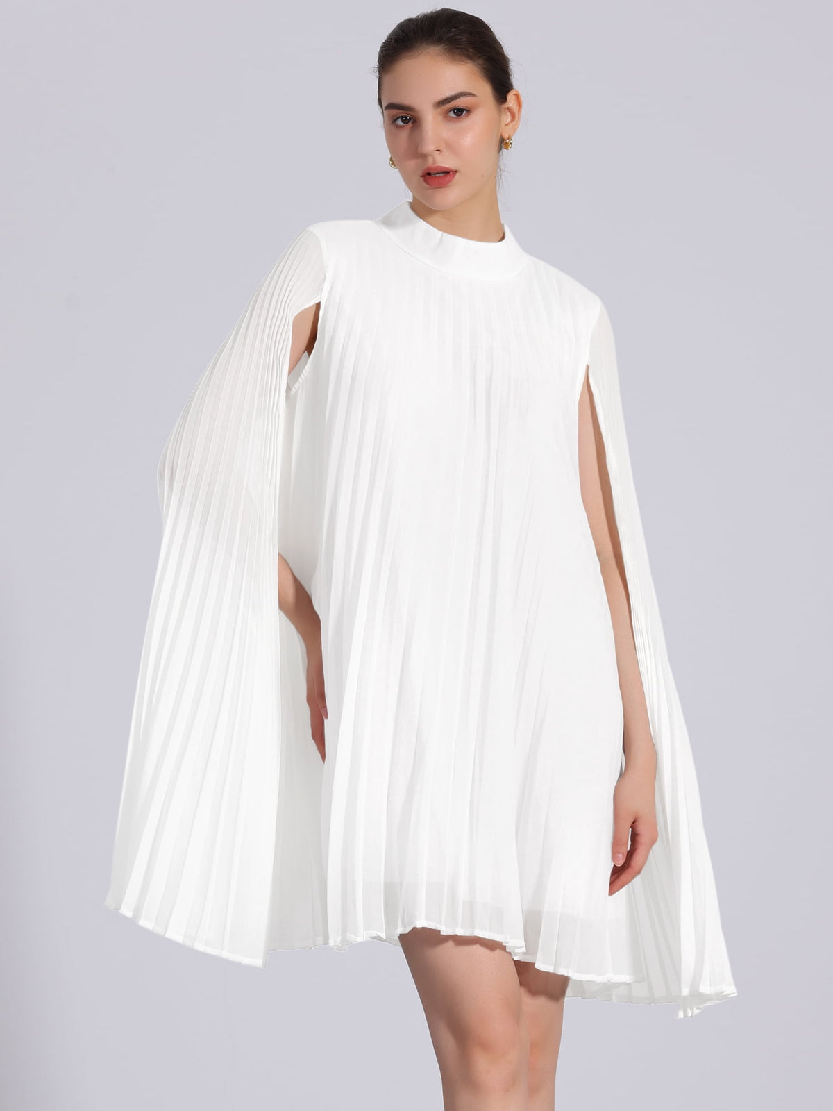 thumbnail image 4 of DARING DIVA Flowy Cloak Sleeve Cape Pleated Chiffon Dress S White, 4 of 6