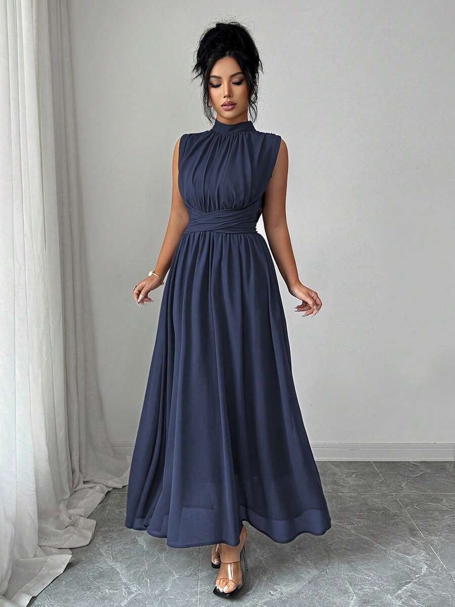 thumbnail image 4 of Womens Blue Sleeveless High Neck Chiffon Maxi Dress With Waist Bow Detail, 4 of 8