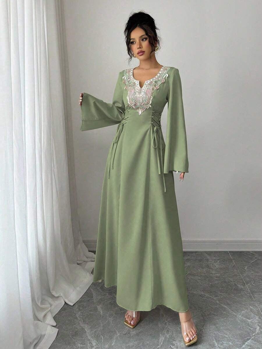 thumbnail image 7 of Womens Elegant Olive Green Maxi Dress with Floral Embroidered V-Neck, Long, 7 of 7