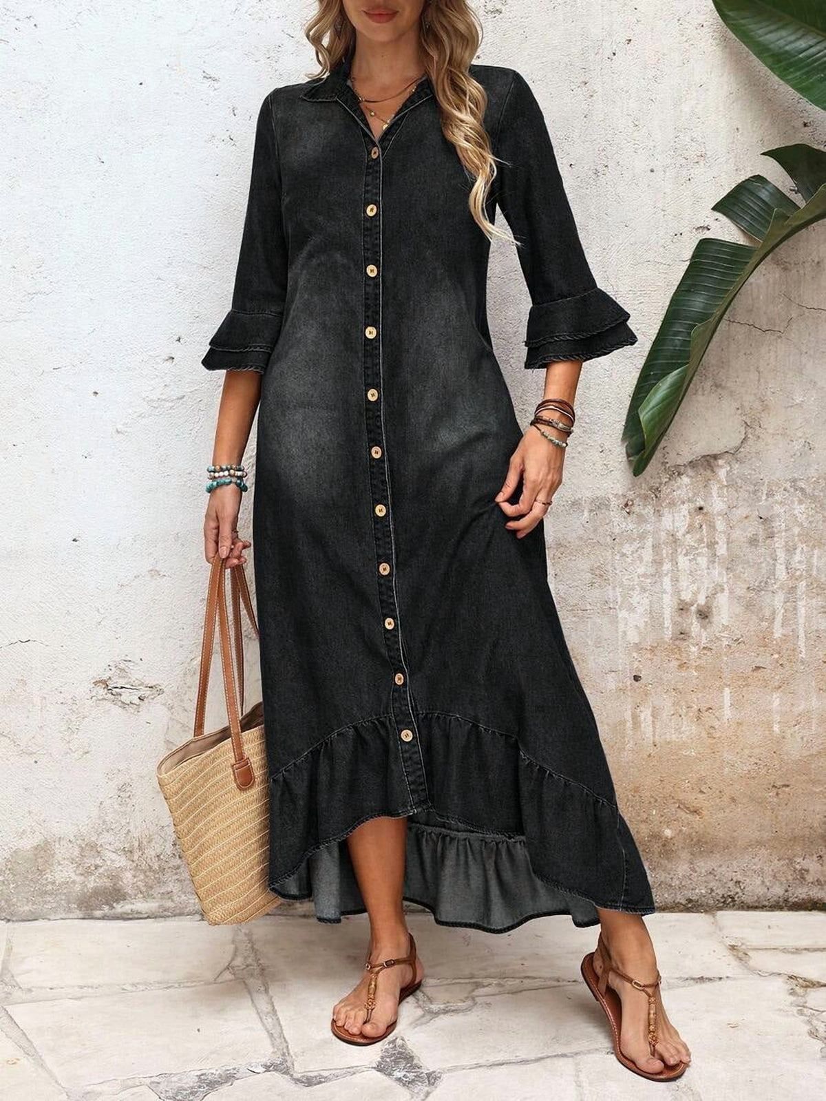 thumbnail image 5 of Black Dress, Retro Vintage 70s Style Bell Sleeves, Single-Breasted, 5 of 7