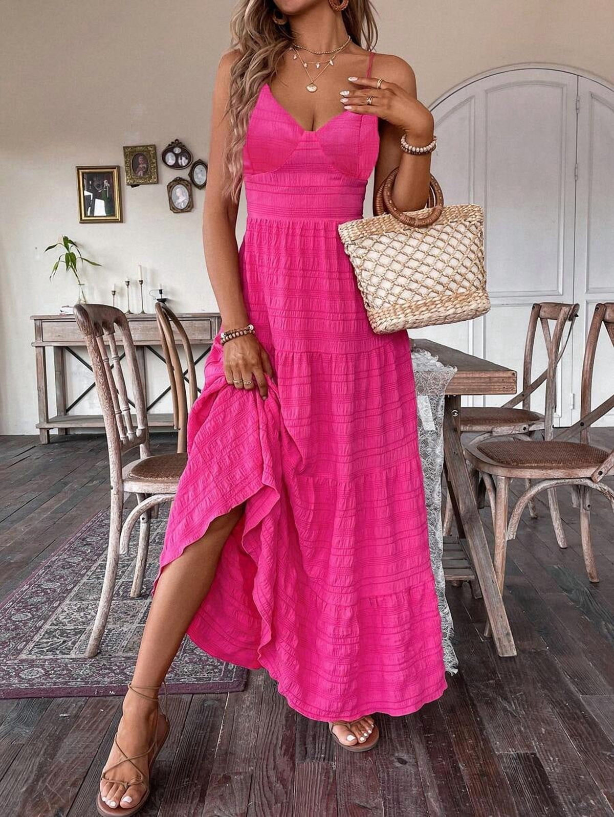 thumbnail image 4 of Hot Pink V-Neck Maxi Dress With Back Bow Tie And Tiered Skirt For Women, 4 of 30