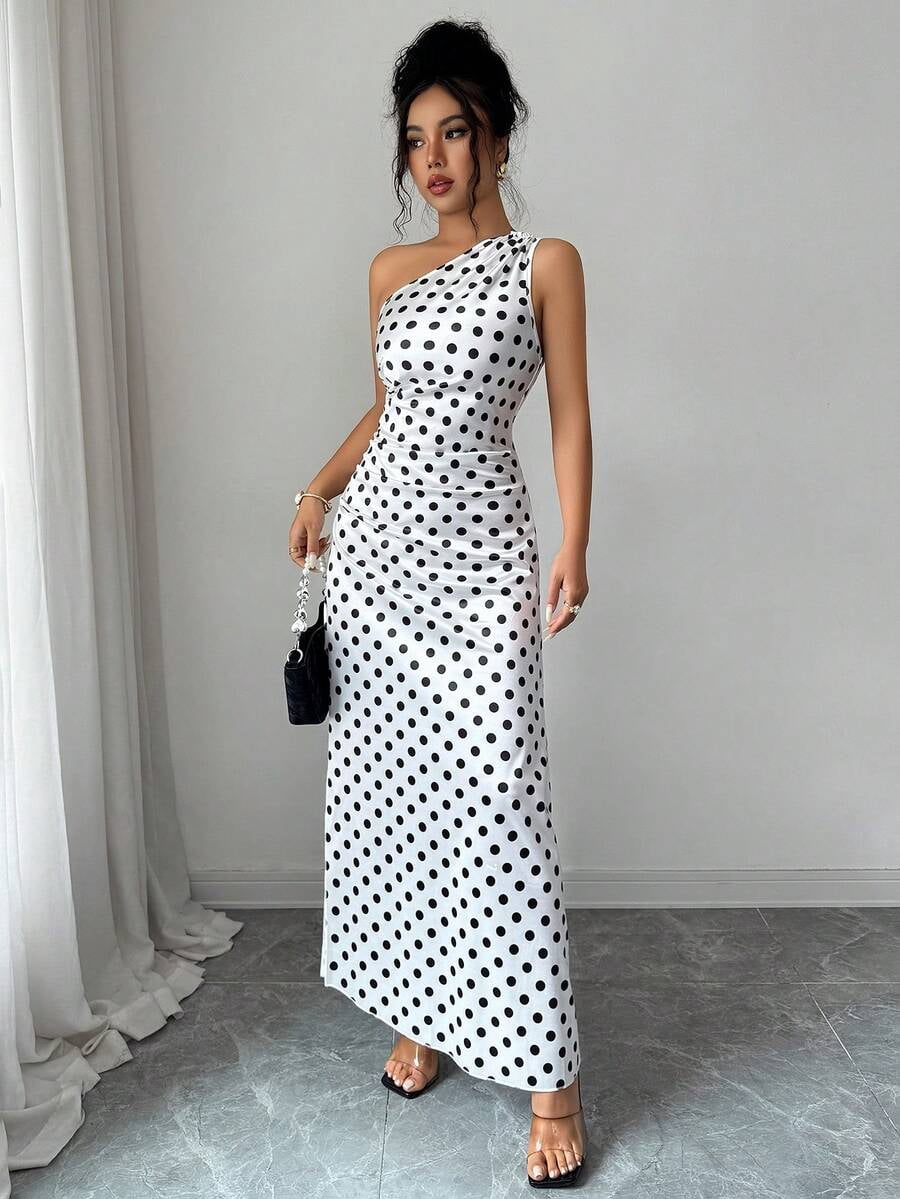 thumbnail image 4 of White Polka Dot Satin One Shoulder Ruched Maxi Evening Dress, 4 of 6