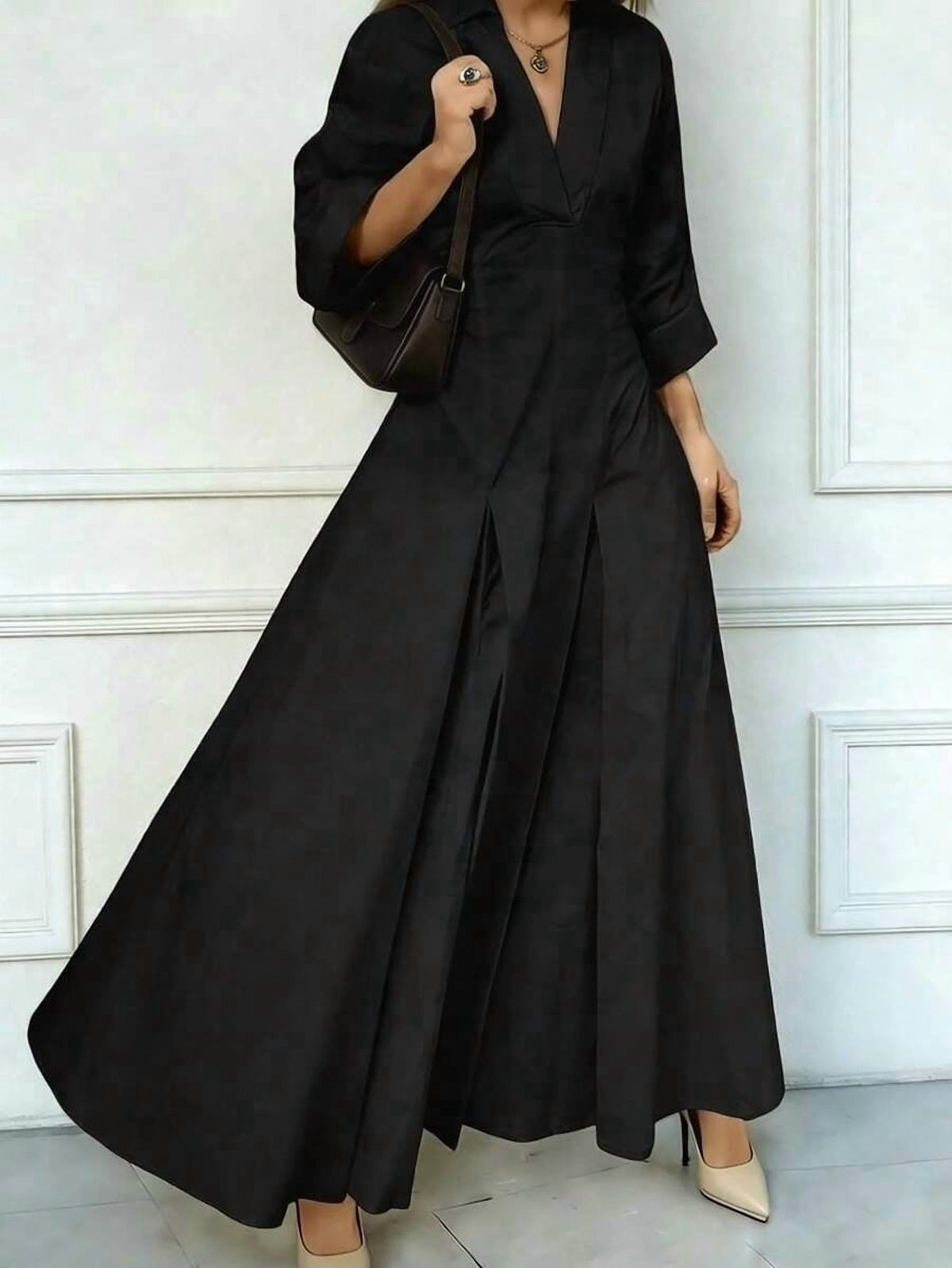 thumbnail image 5 of Black Womens Long Sleeve V-Neck Dress - Elegant Lapel Collar Flare Hem Maxi, 5 of 8
