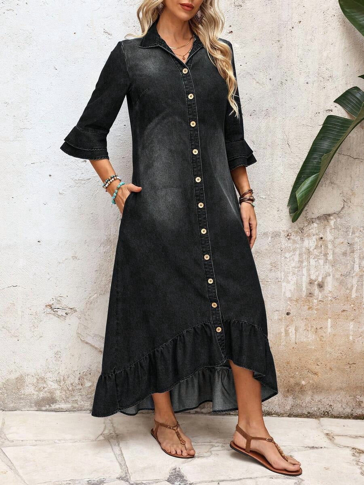 thumbnail image 4 of Black Dress, Retro Vintage 70s Style Bell Sleeves, Single-Breasted, 4 of 7