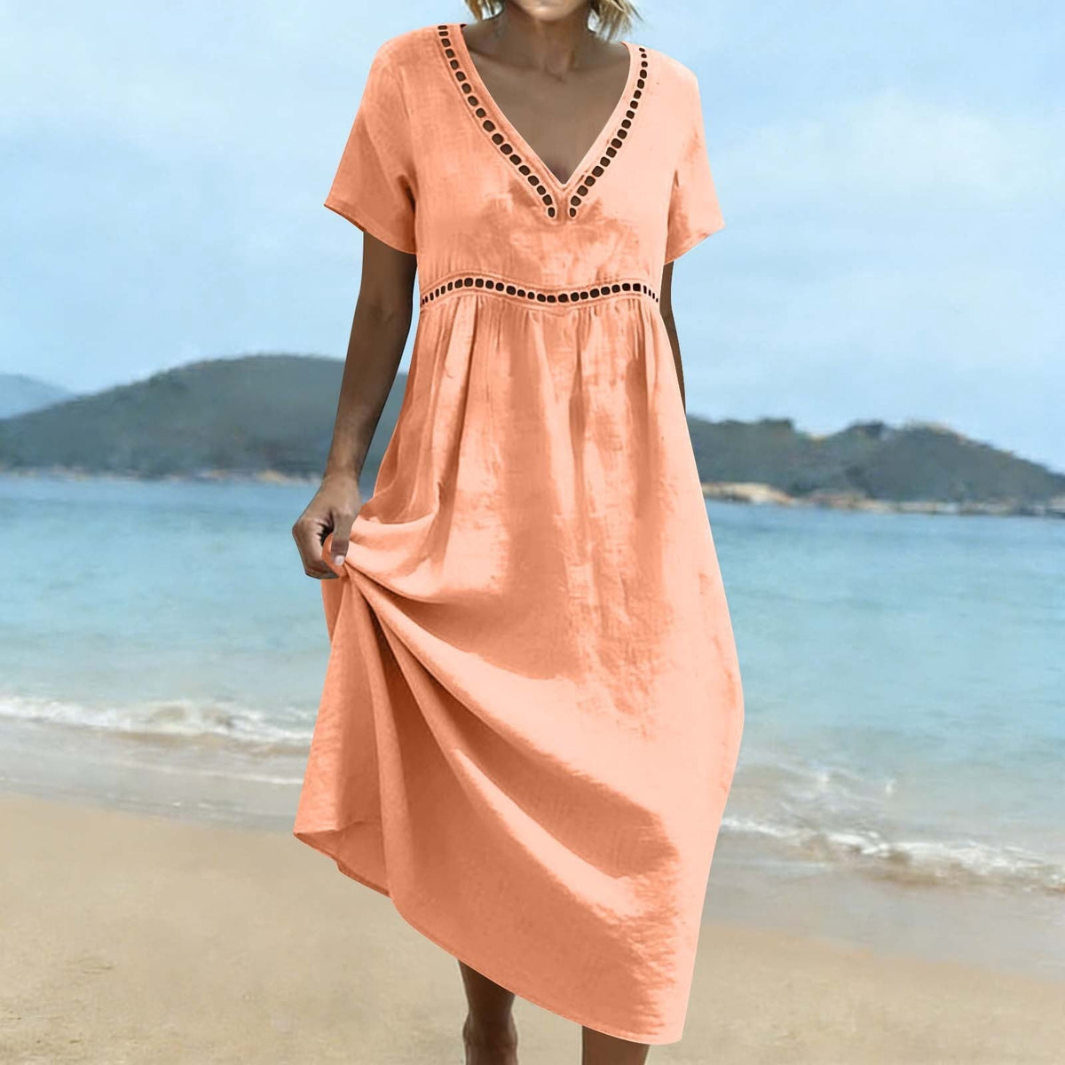 thumbnail image 3 of Women's Elegant V-Neck Short Sleeve Lace Dress Solid Color Casual A-Line Summer Dress for Everyday Wear, 3 of 6