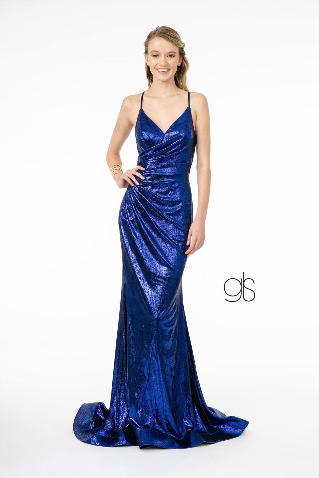 thumbnail image 4 of Women's Elizabeth K V Neck Metallic Mermaid Gown Gl2943 Turquoise Size L, 4 of 5