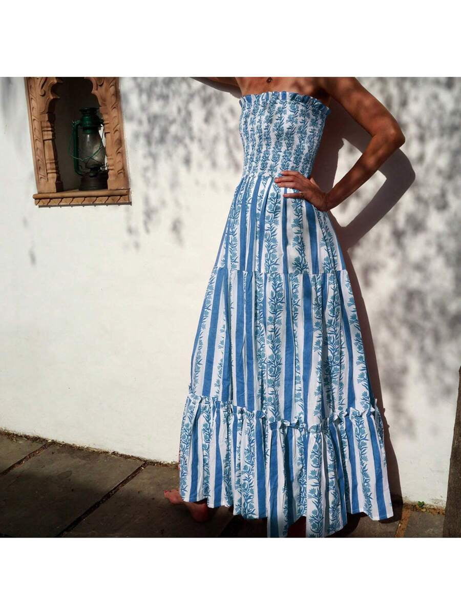 thumbnail image 4 of Green Striped Floral Strapless Maxi Sundress Flowy A-Line Beach Dress, 4 of 6