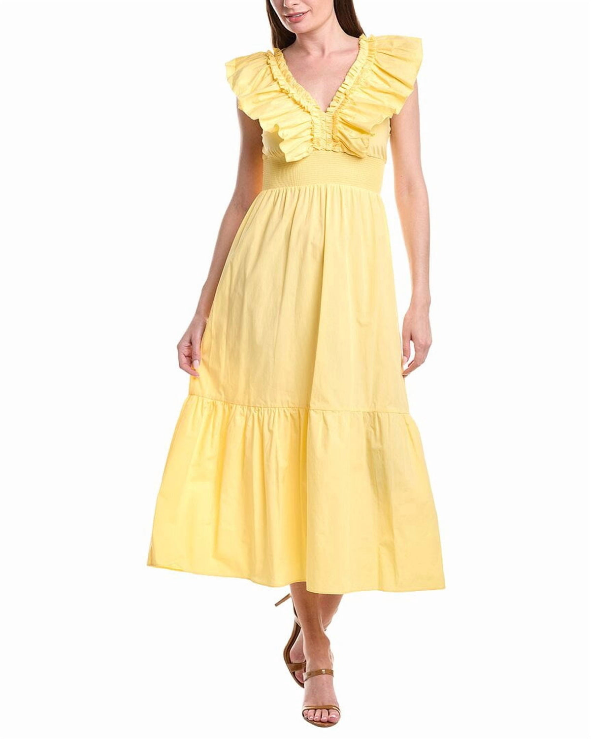 thumbnail image 1 of Adrianna Papell womens Smocked Waist Midi Dress, 10, Yellow, 1 of 3