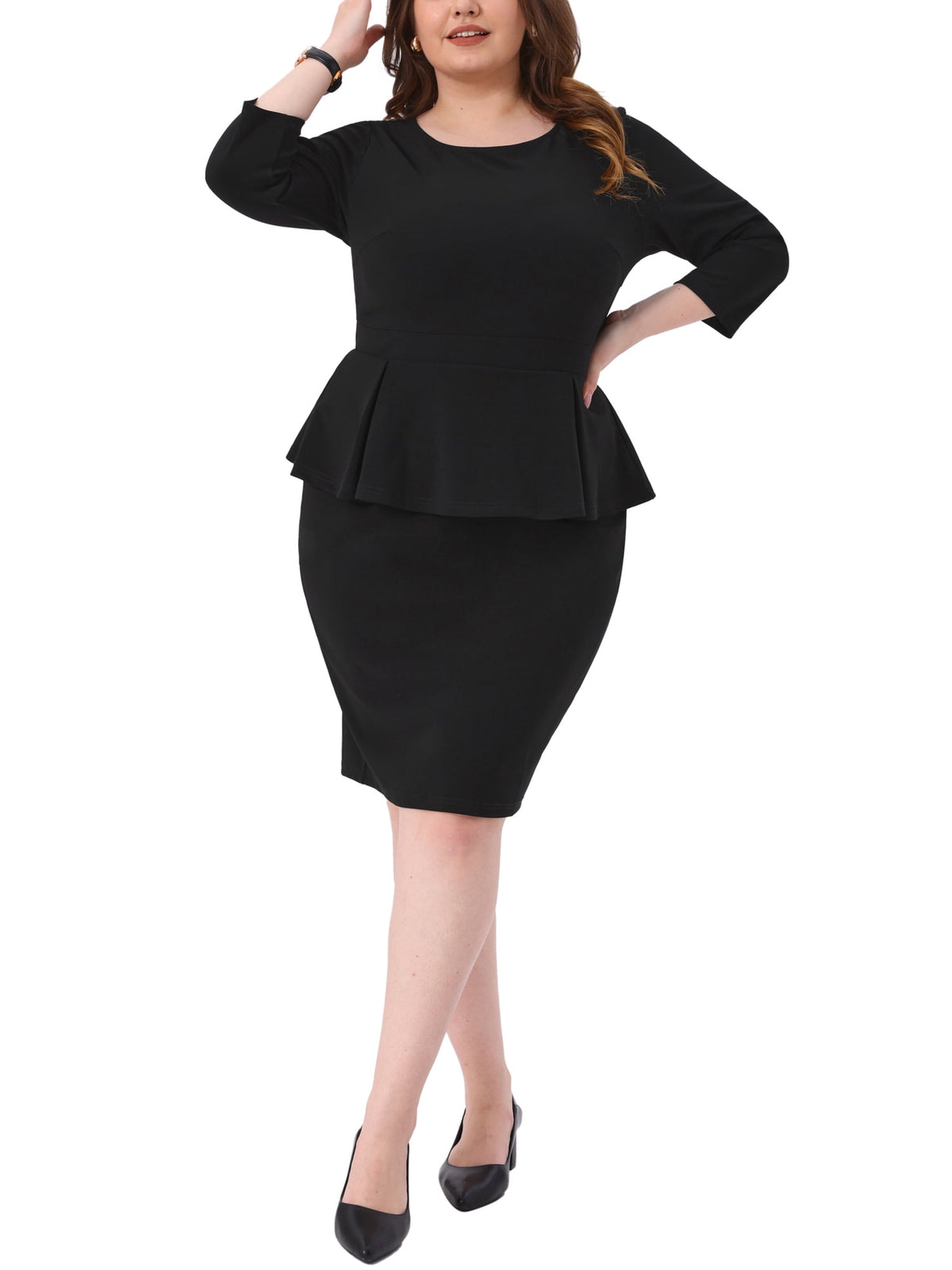 thumbnail image 1 of Agnes Orinda Women's Plus Size Peplum Pencil Dress Crew Neck 3/4 Sleeve Flared Sheath Office Business Dresses 1X Black, 1 of 6