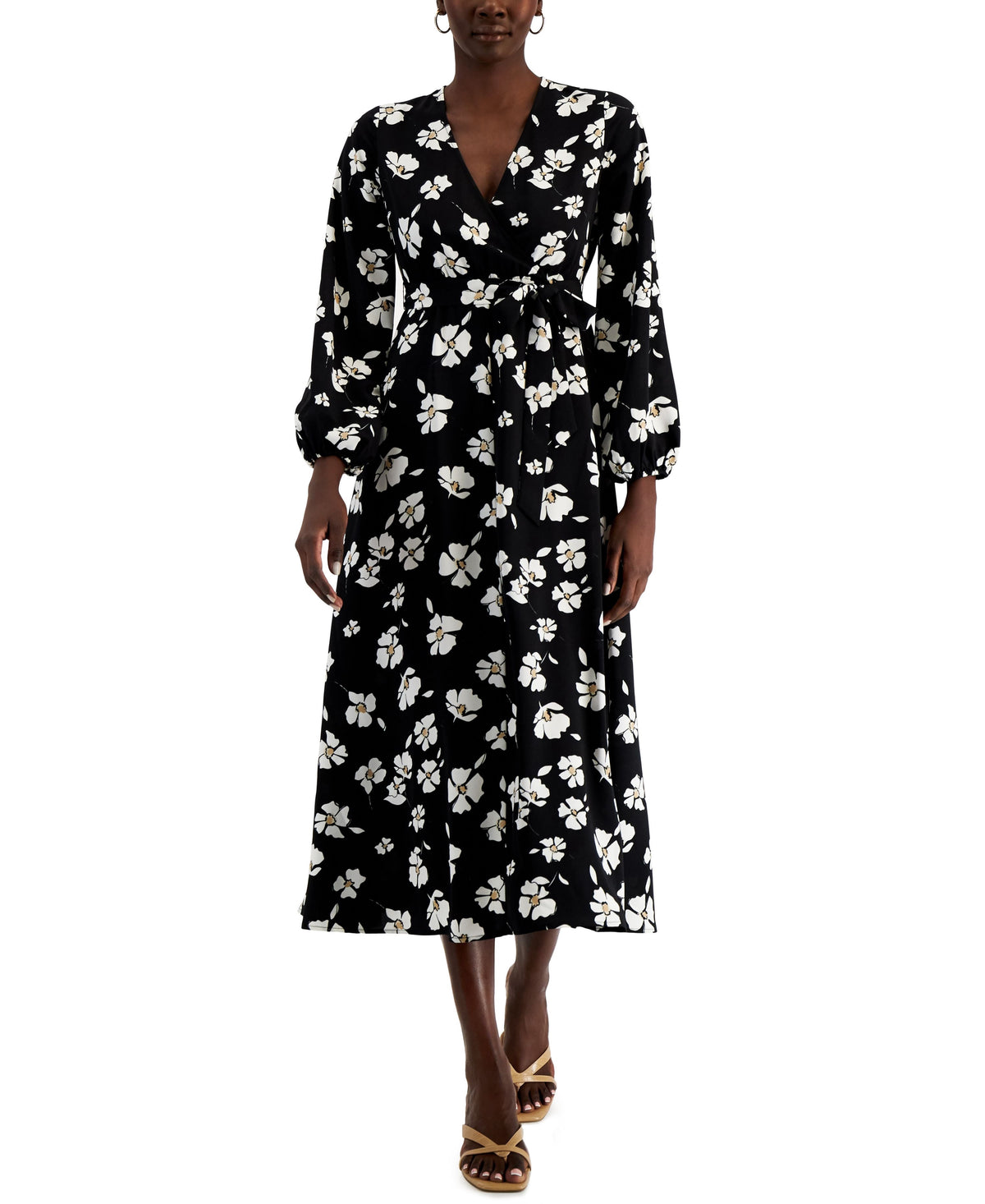 thumbnail image 1 of Alfani Tie Waist Faux Wrap Dress Black Floating Floral M, 1 of 1