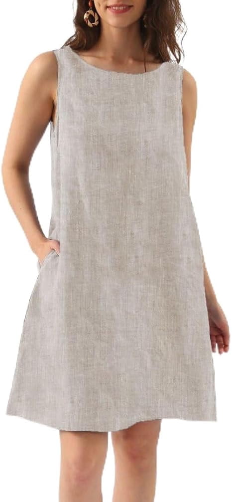 thumbnail image 1 of Amazhiyu Womens Linen Sleeveless Shift Dress with Pockets Crew Neck Casual Tank Dress, 1 of 7