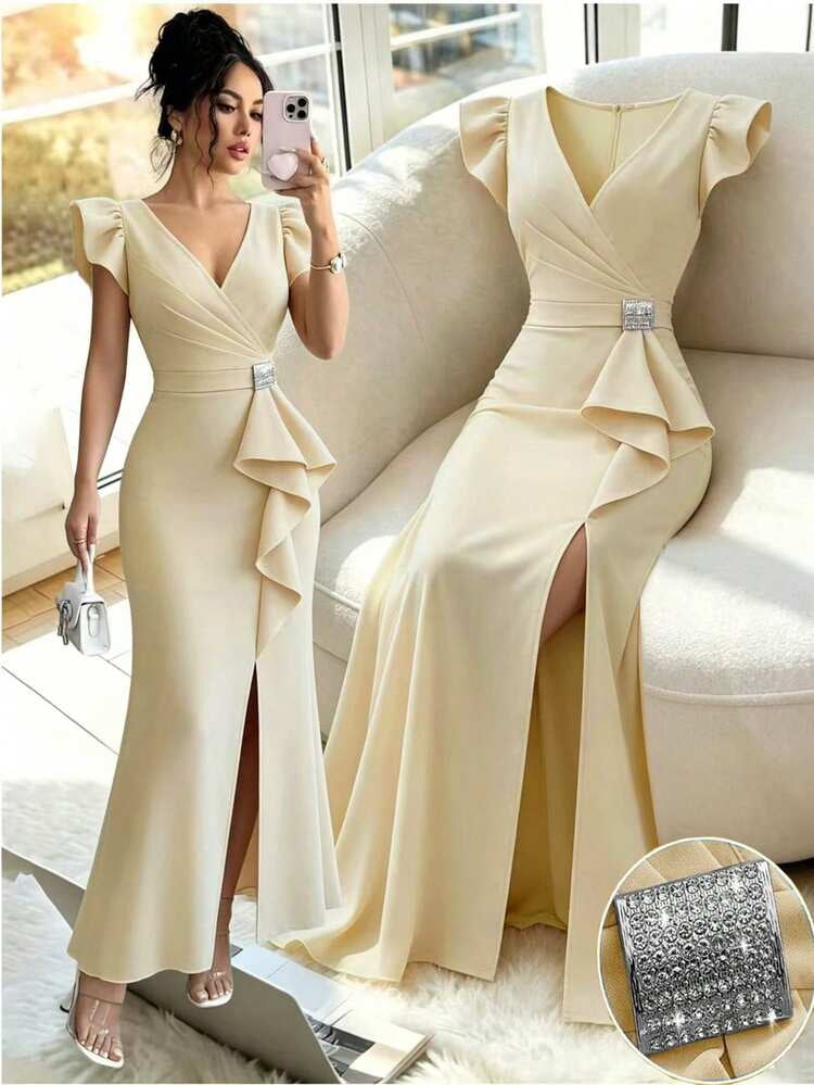 thumbnail image 1 of Apricot Long Dress with Deep V Neck and Crystal Belt, 1 of 6