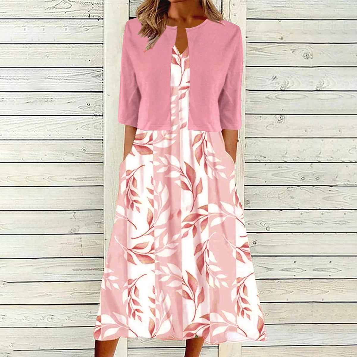 thumbnail image 1 of BLTIBY 2025 Womens 2 Piece Set Fashion Printed V Neck Long Dress with Jacket Cardigan Wedding Guest Floral Print Midi Dresses with Pockets Pink XL, 1 of 9