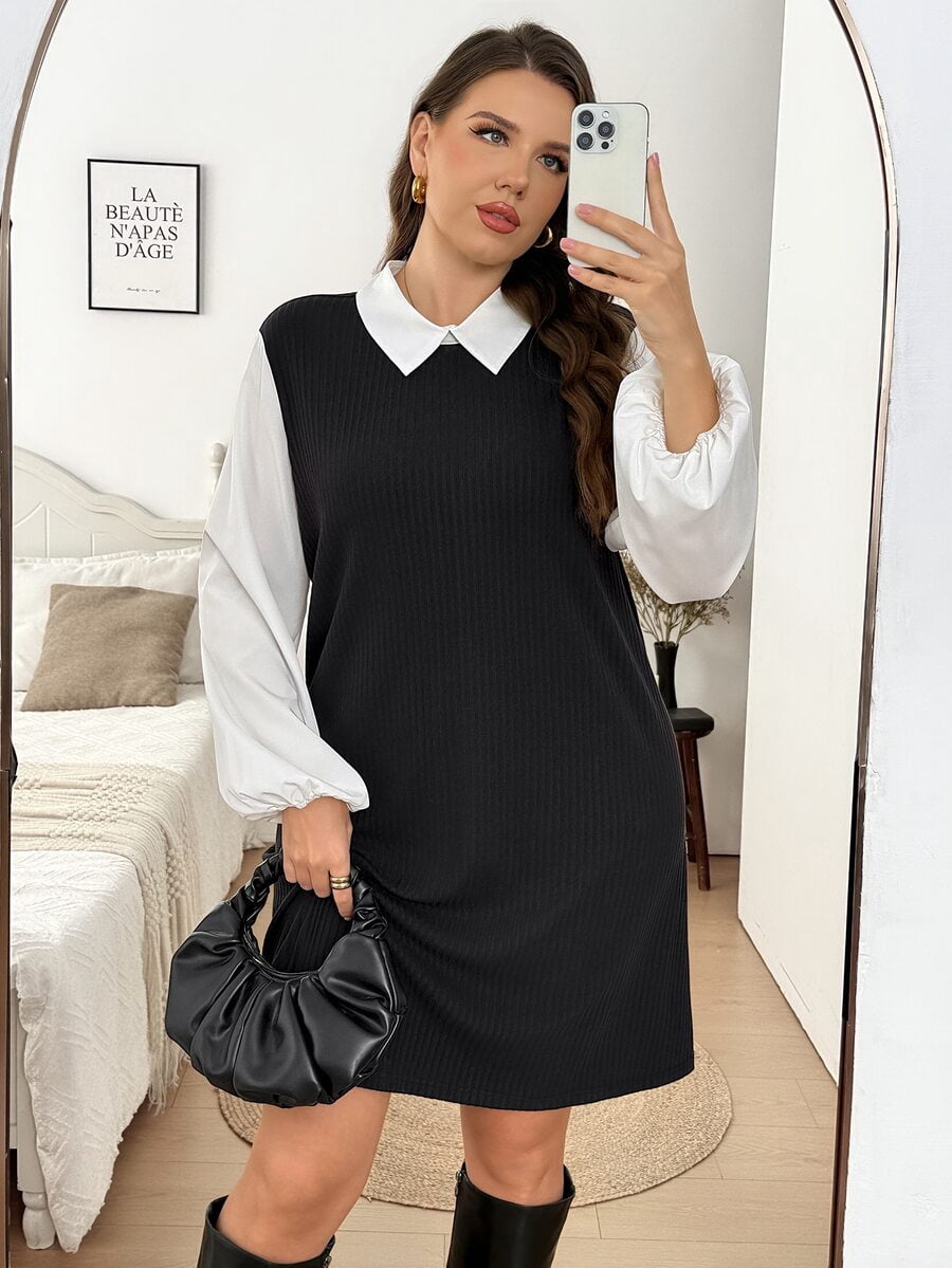 thumbnail image 1 of Black And White Color-Blocked Collar Long Sleeve Dress, 1 of 6