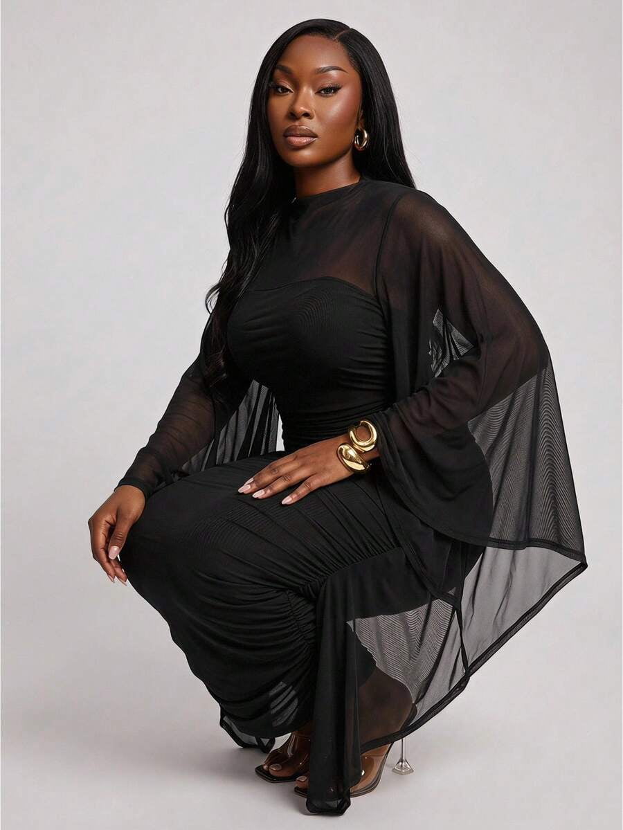 thumbnail image 1 of Black Ruched Long Sleeve Sheath Dress With Kimono Sleeve And Asymmetrical, 1 of 8