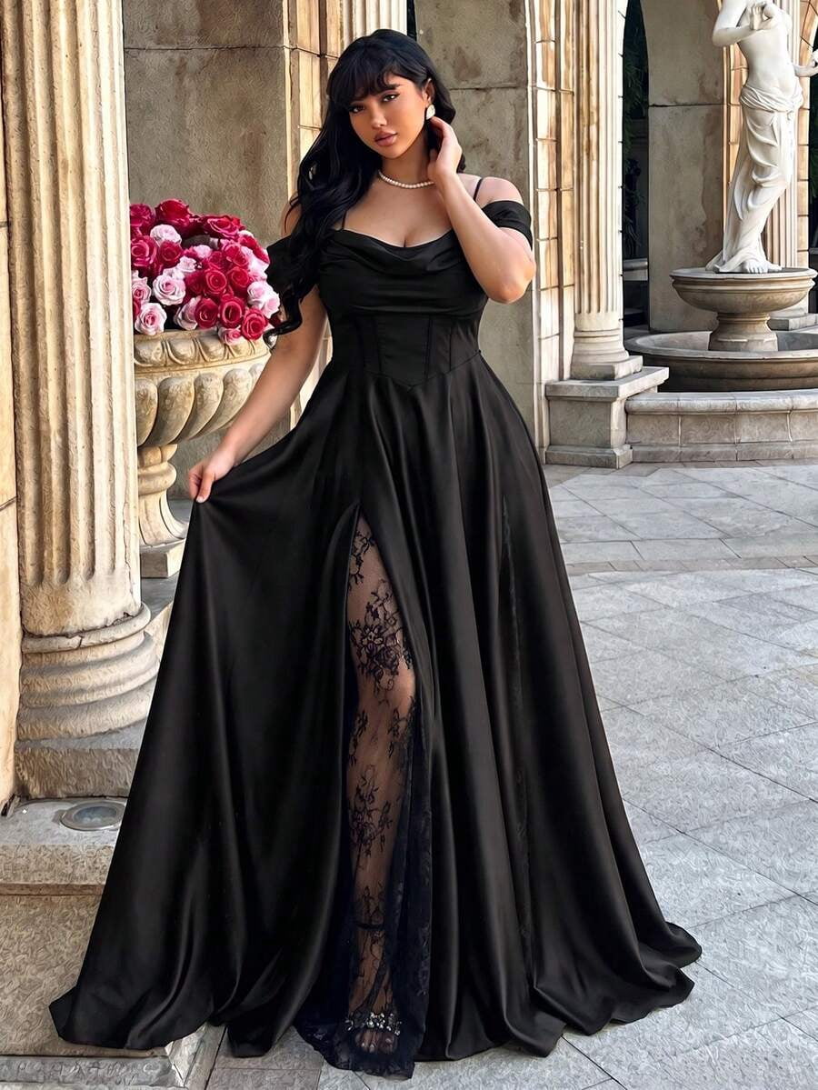 thumbnail image 1 of Black Satin And Lace Patchwork Maxi Dress With Spaghetti Straps, 1 of 8