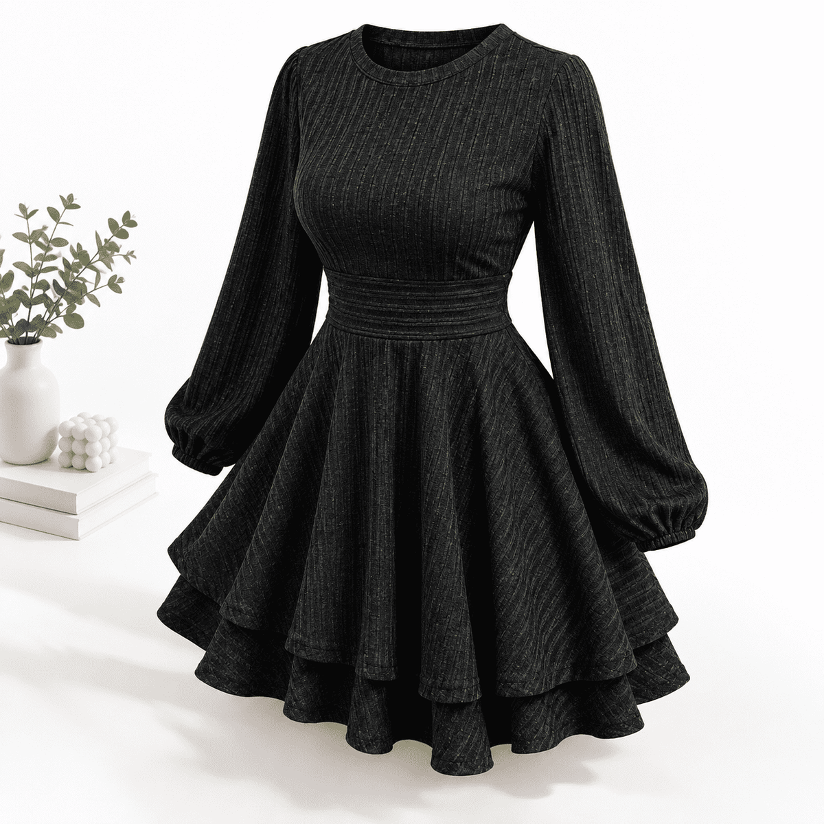 thumbnail image 1 of Black Small Womens Long Sleeve Knit A-Line Mini Dress Casual Lantern Crewneck, 1 of 5