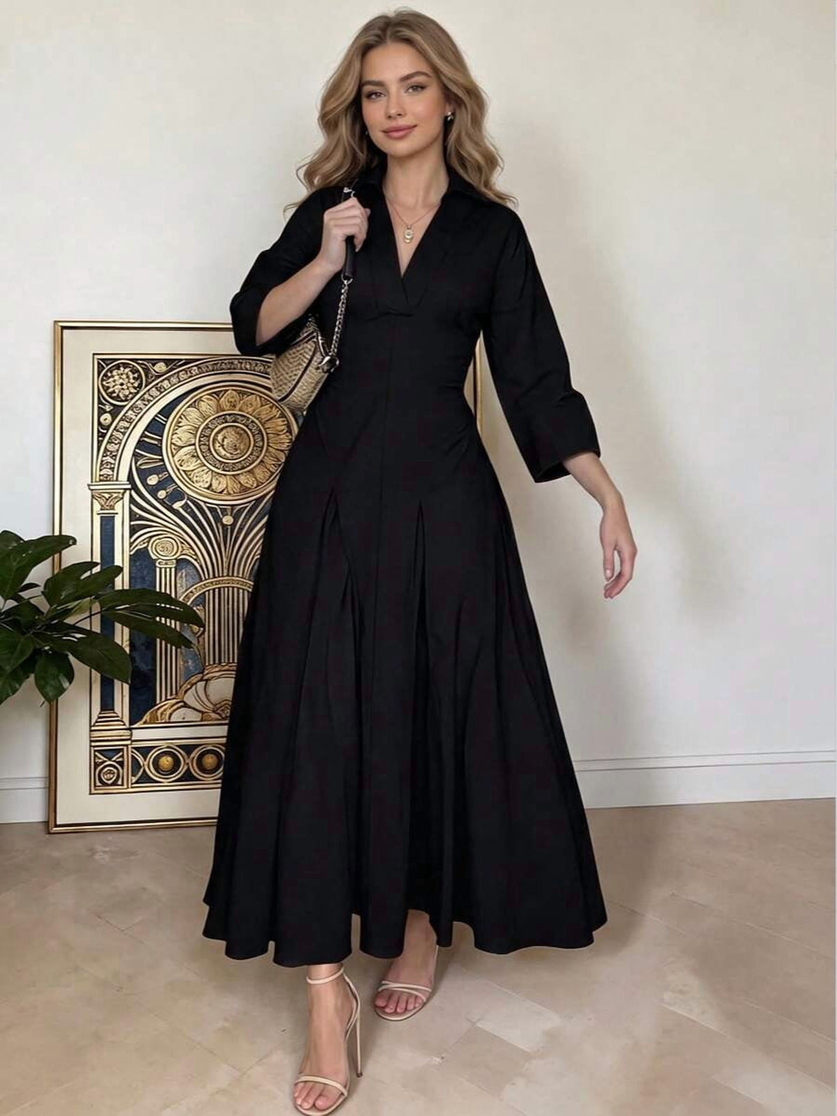 thumbnail image 1 of Black Womens Long Sleeve V-Neck Dress - Elegant Lapel Collar Flare Hem Maxi, 1 of 8