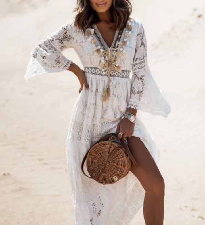 thumbnail image 1 of Bohemian-style Lace Deep V-Neck Flare Sleeve Vacation Long Dress, 1 of 6