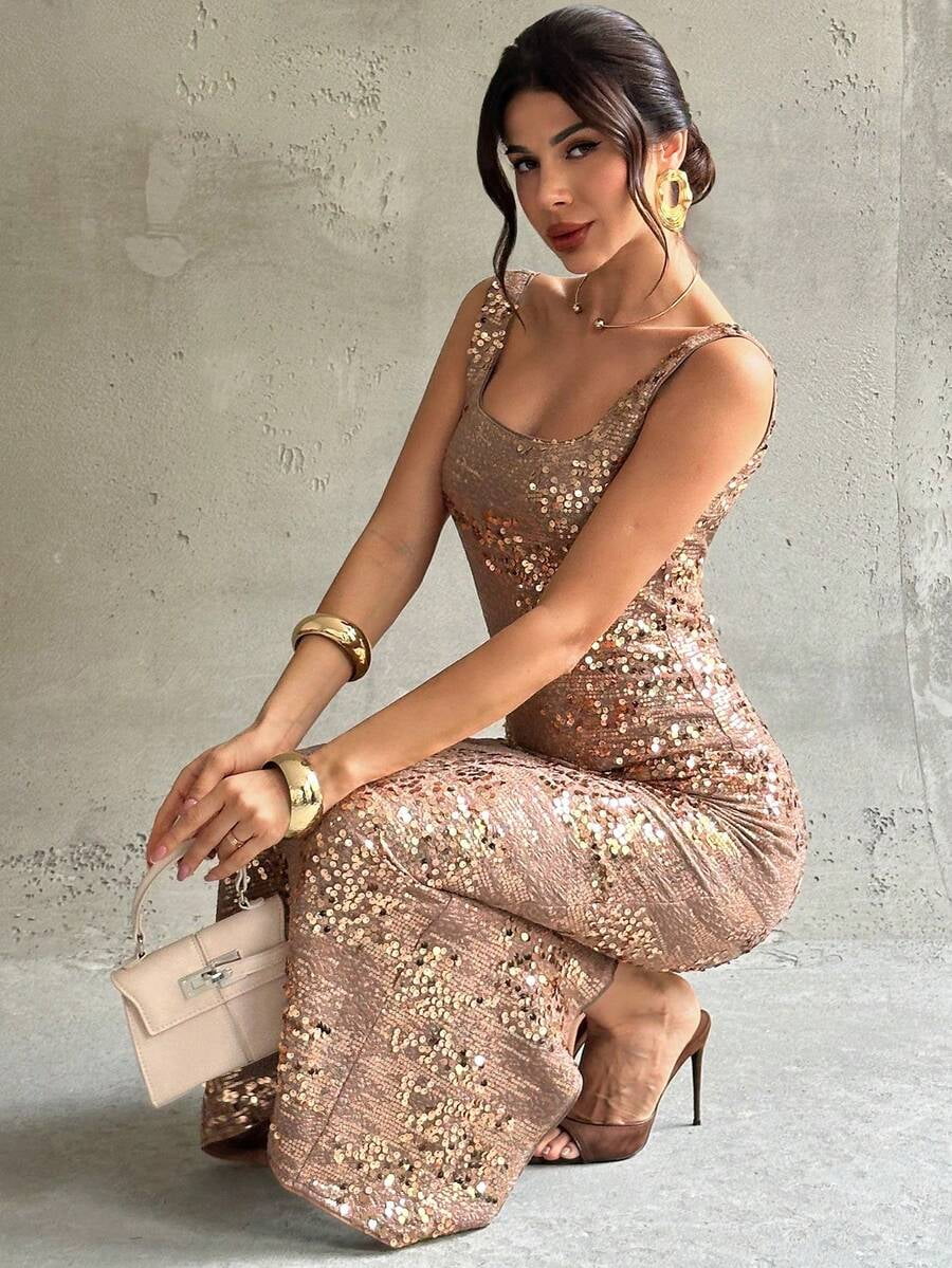 thumbnail image 1 of Brown Sequin Square Neck Sleeveless Backless Maxi Dress For Evening Party, 1 of 7