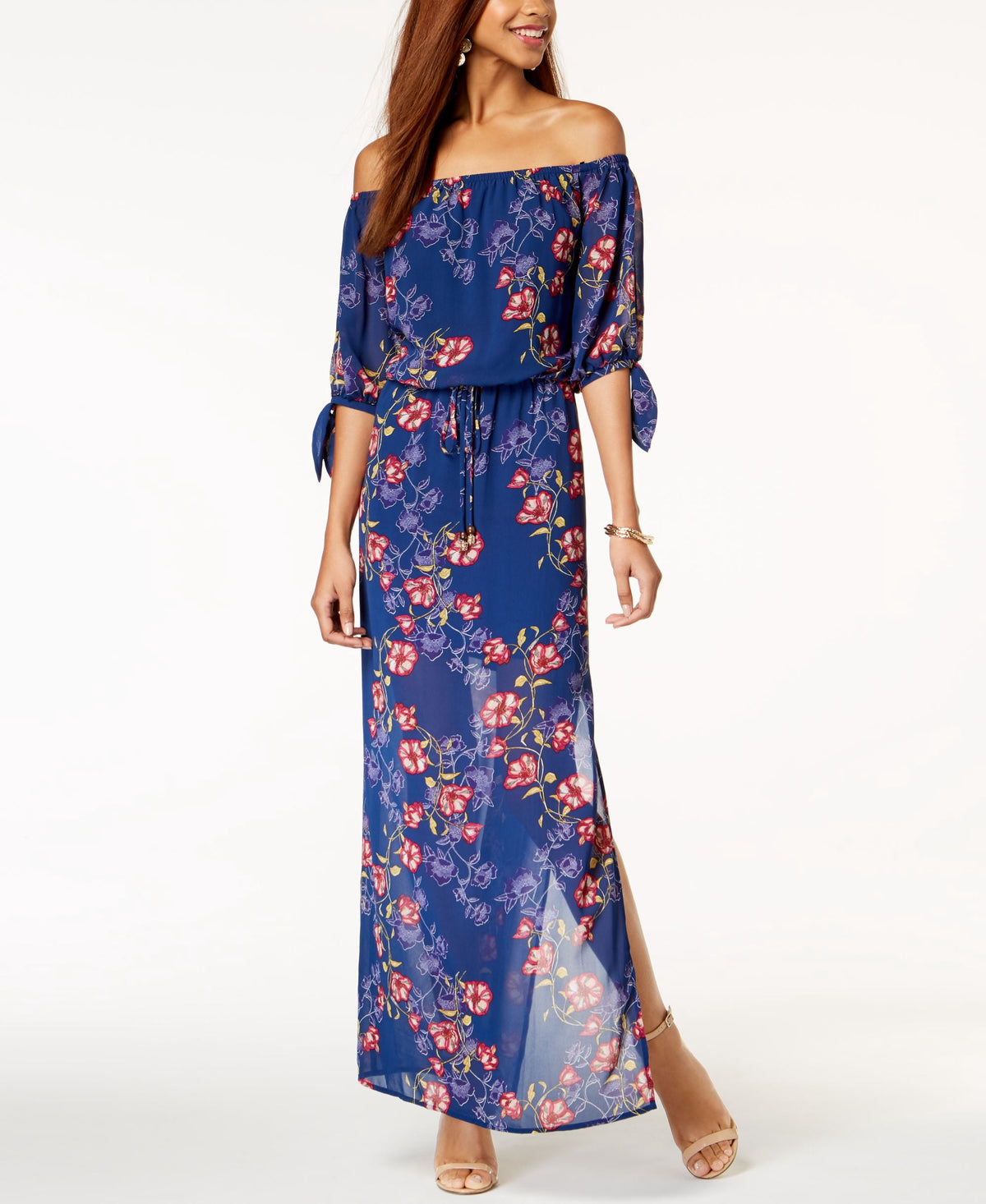 thumbnail image 1 of City Studios Juniors Off The Shoulder Tie Cuff Maxi Dress Navy Pink XXS, 1 of 1