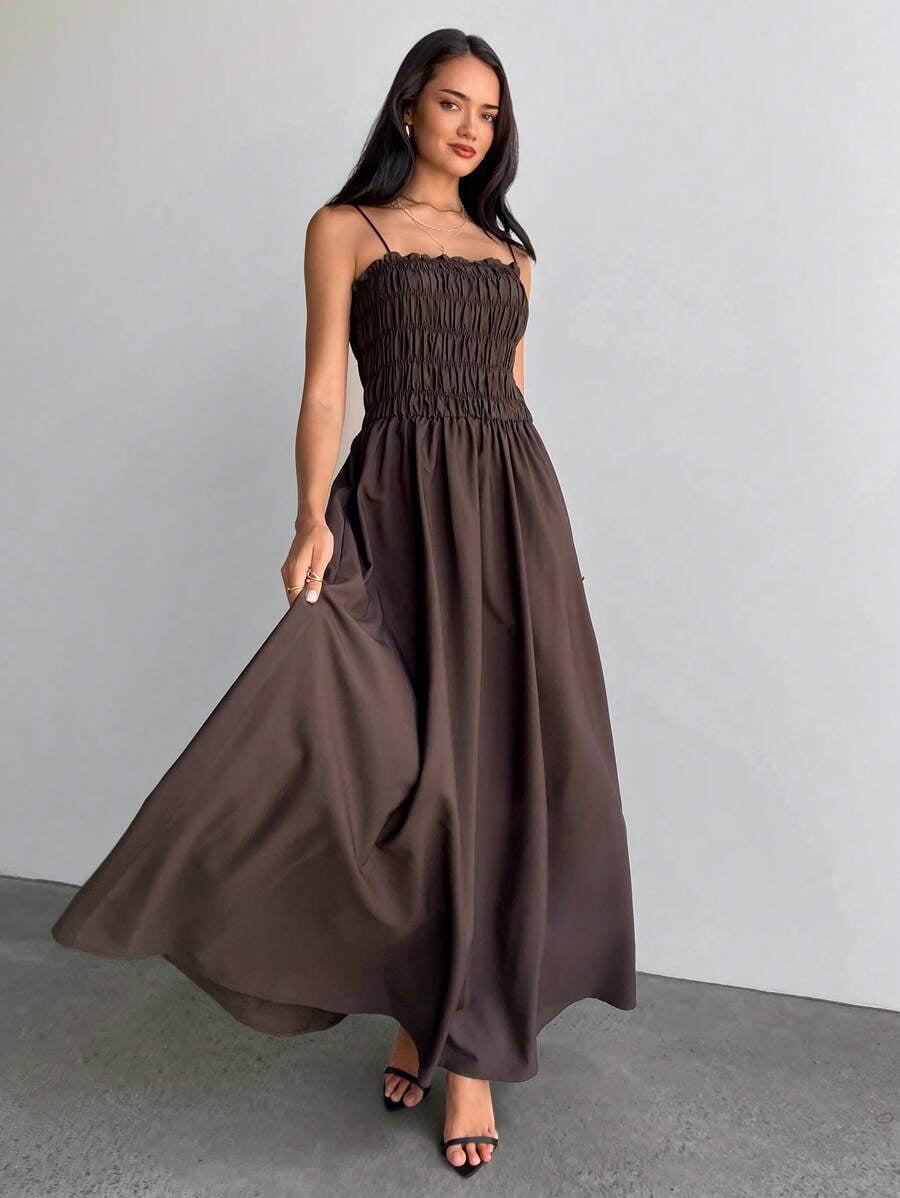 thumbnail image 1 of Coffee Womens Ruched Smocked Waist Maxi Dress With Spaghetti Straps, 1 of 8