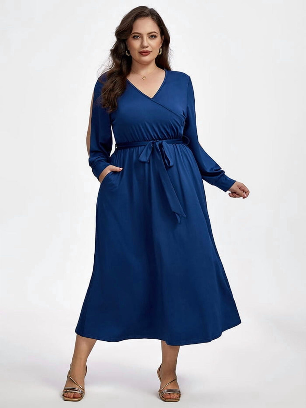thumbnail image 1 of CurveSoul Plus Size Crisscross V-Neck Hollow Out Lantern Sleeve Pocket Tie Front Maxi Dress, 1 of 6