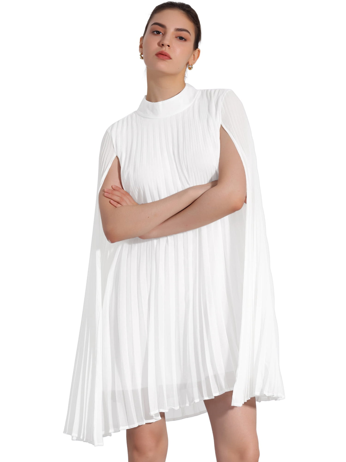 thumbnail image 1 of DARING DIVA Flowy Cloak Sleeve Cape Pleated Chiffon Dress S White, 1 of 6