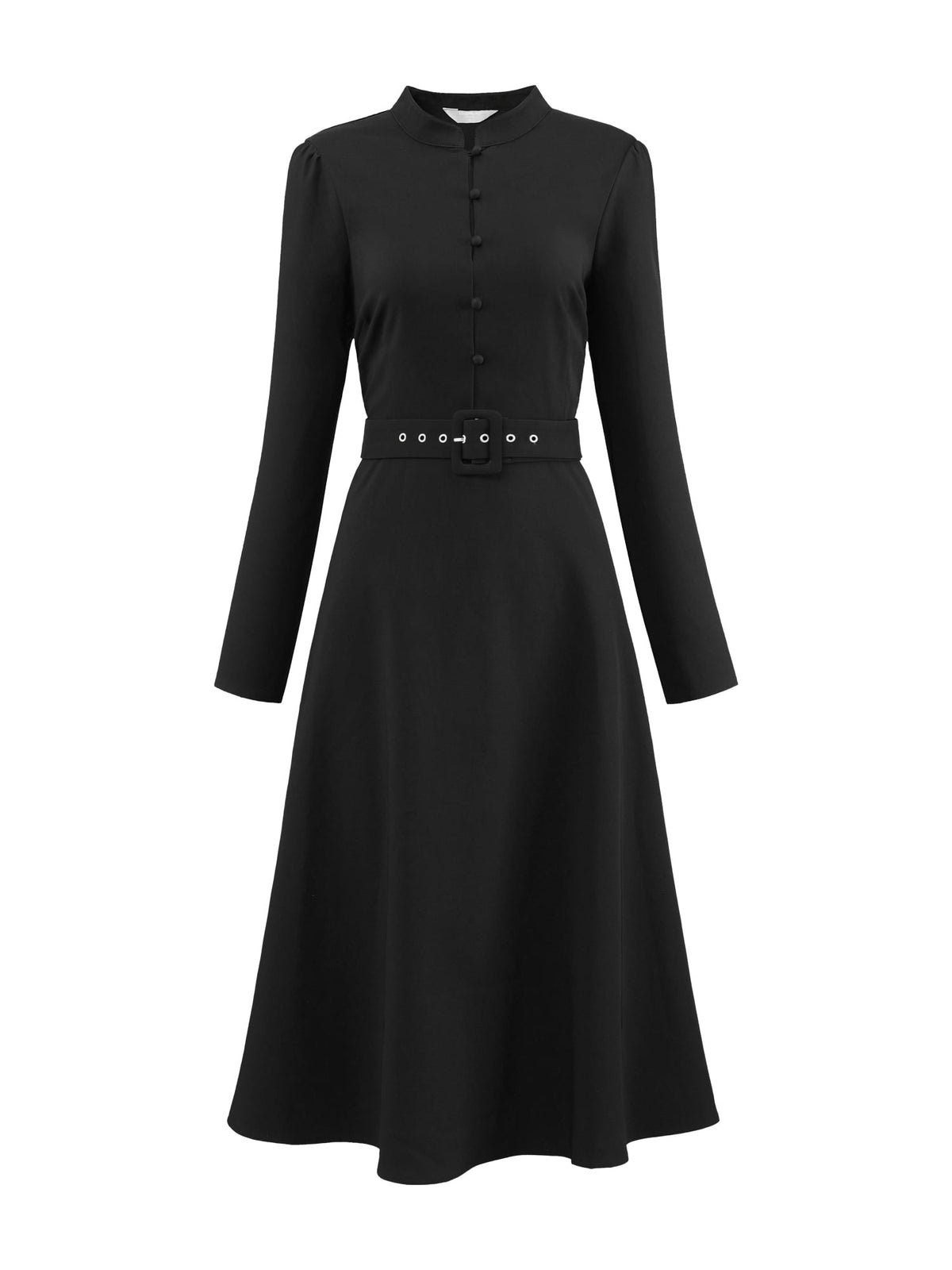 thumbnail image 1 of DARING DIVA Long Sleeve Flare Mock Neck Belted Church Dress XL Black, 1 of 6
