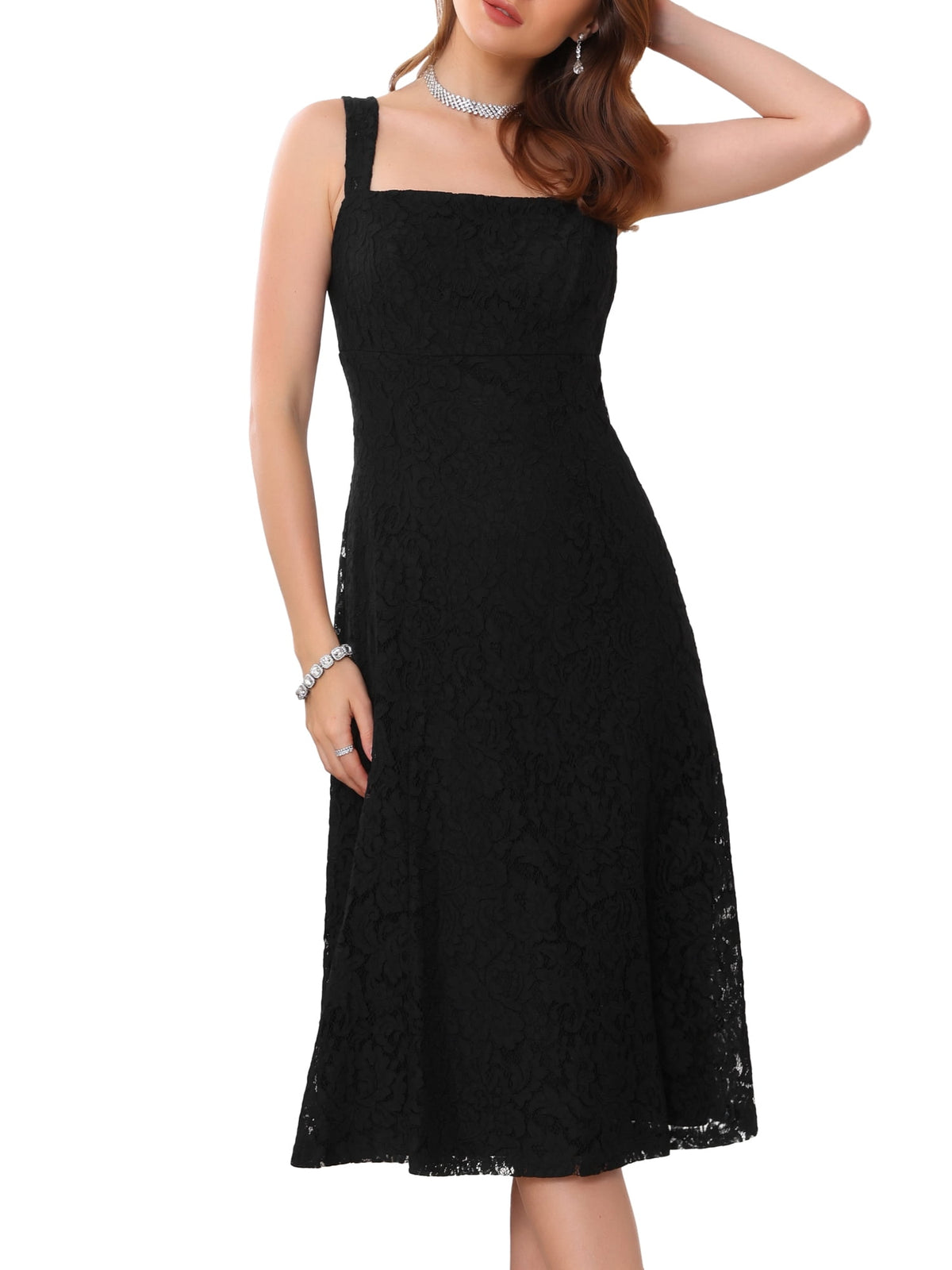 thumbnail image 1 of DARING DIVA Women's Lace Prom Straps Square Neck Sleeveless Midi Dress S Black, 1 of 6