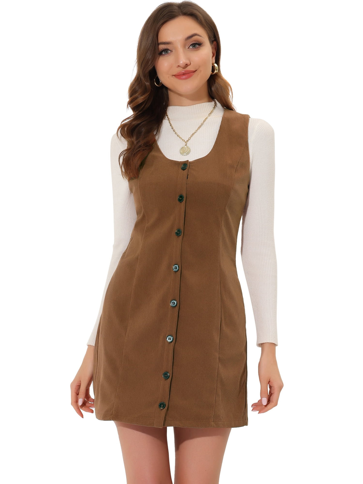 thumbnail image 1 of DARING DIVA Women's Stylish Corduroy Overall Scoop Neck Sleeveless Dress XS Brown, 1 of 6