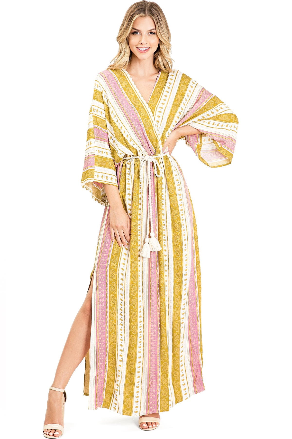 thumbnail image 1 of Dress Forum Women's Boho Long Maxi Dress w Kimono Sleeves (Mustard, Small), 1 of 4