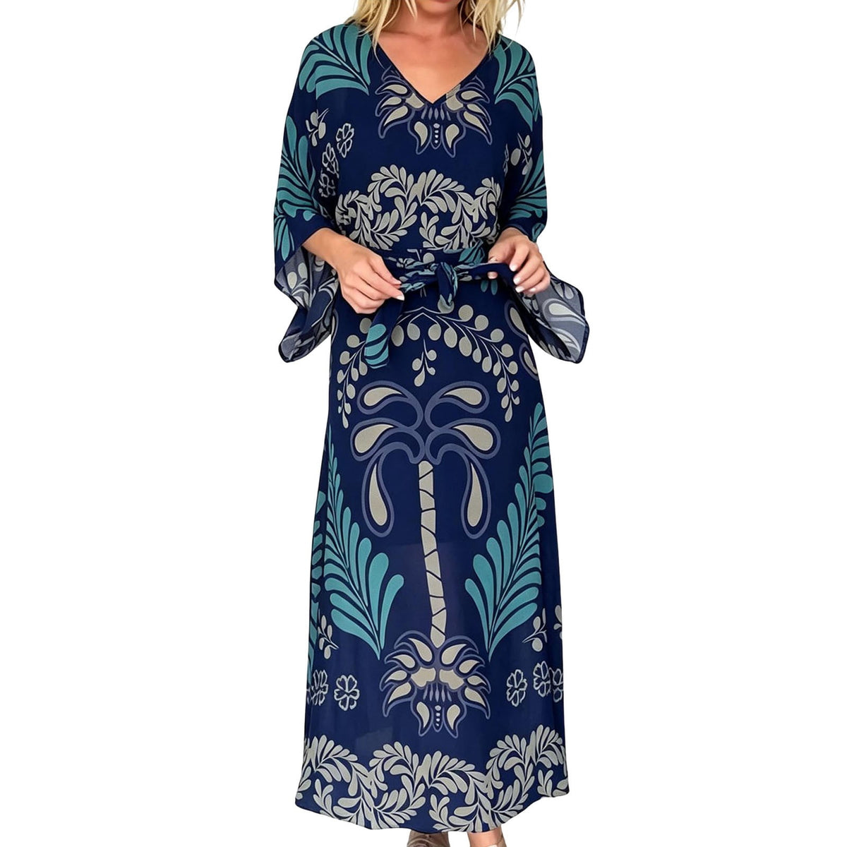 thumbnail image 1 of Dresses for Women Women's Bohemian V Neck Loose Dress Tropical Print Batwing Long Sleeve Flowy Fit Beach Boho Long Dress with Belt Blue L, 1 of 5