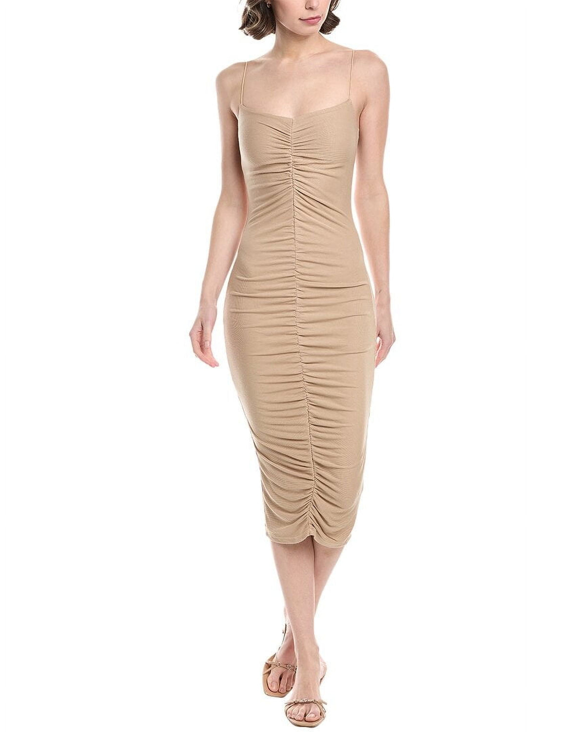 thumbnail image 1 of Enza Costa womens Stretch Knit Ruched Strappy Silk-Blend Midi Dress, l, Beige, 1 of 4