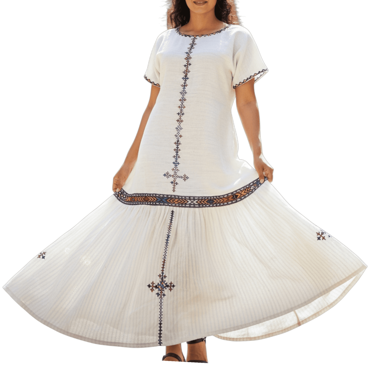 thumbnail image 1 of Etege Ethiopian የሀበሻ ቀሚስ- 100% Cotton, hand-woven and stitched, short-sleeved, Elegant Ethiopian cultural Dress, 1 of 5