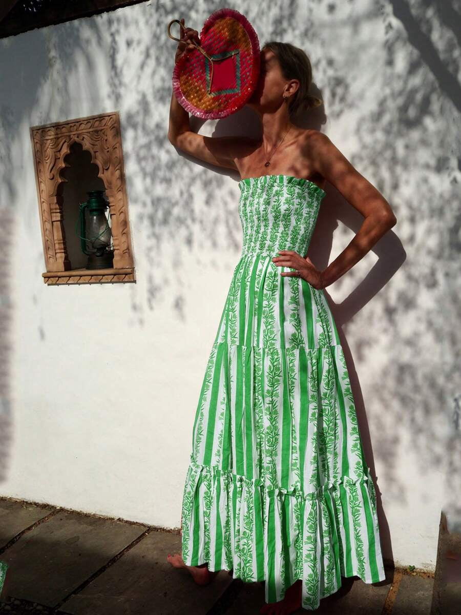 thumbnail image 1 of Green Striped Floral Strapless Maxi Sundress Flowy A-Line Beach Dress, 1 of 6