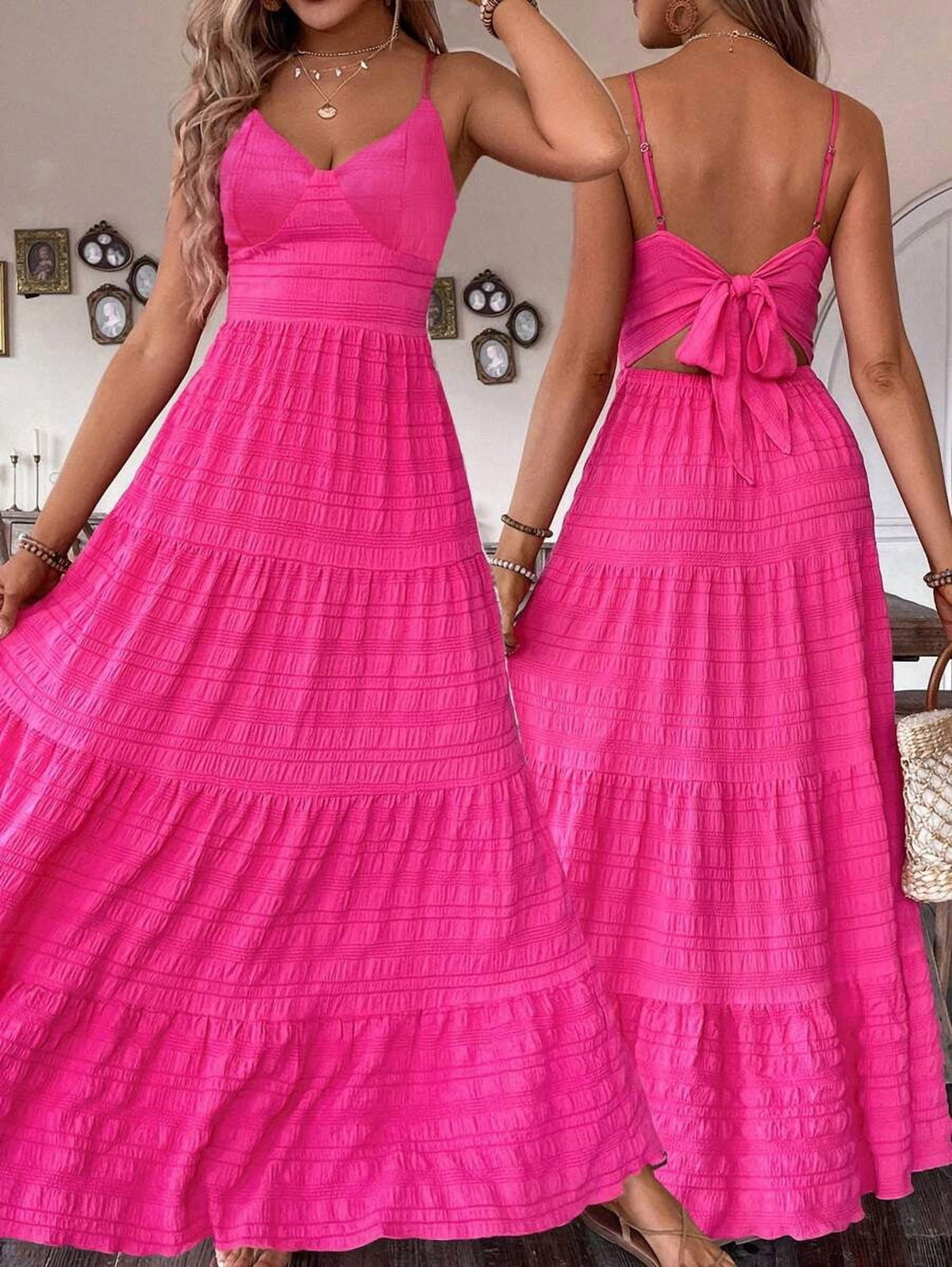 thumbnail image 1 of Hot Pink V-Neck Maxi Dress With Back Bow Tie And Tiered Skirt For Women, 1 of 30
