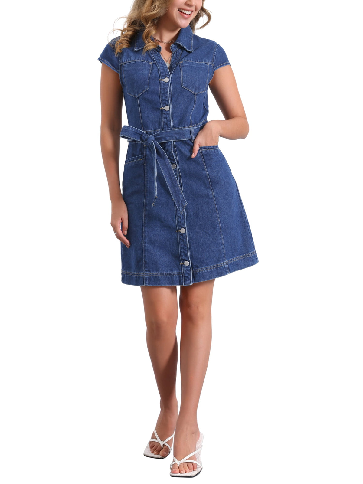thumbnail image 1 of INSPIRE CHIC Women's Denim Dress Casual Belted Button Down V Neck Jean Shirt Dresses XS Dark Blue, 1 of 6