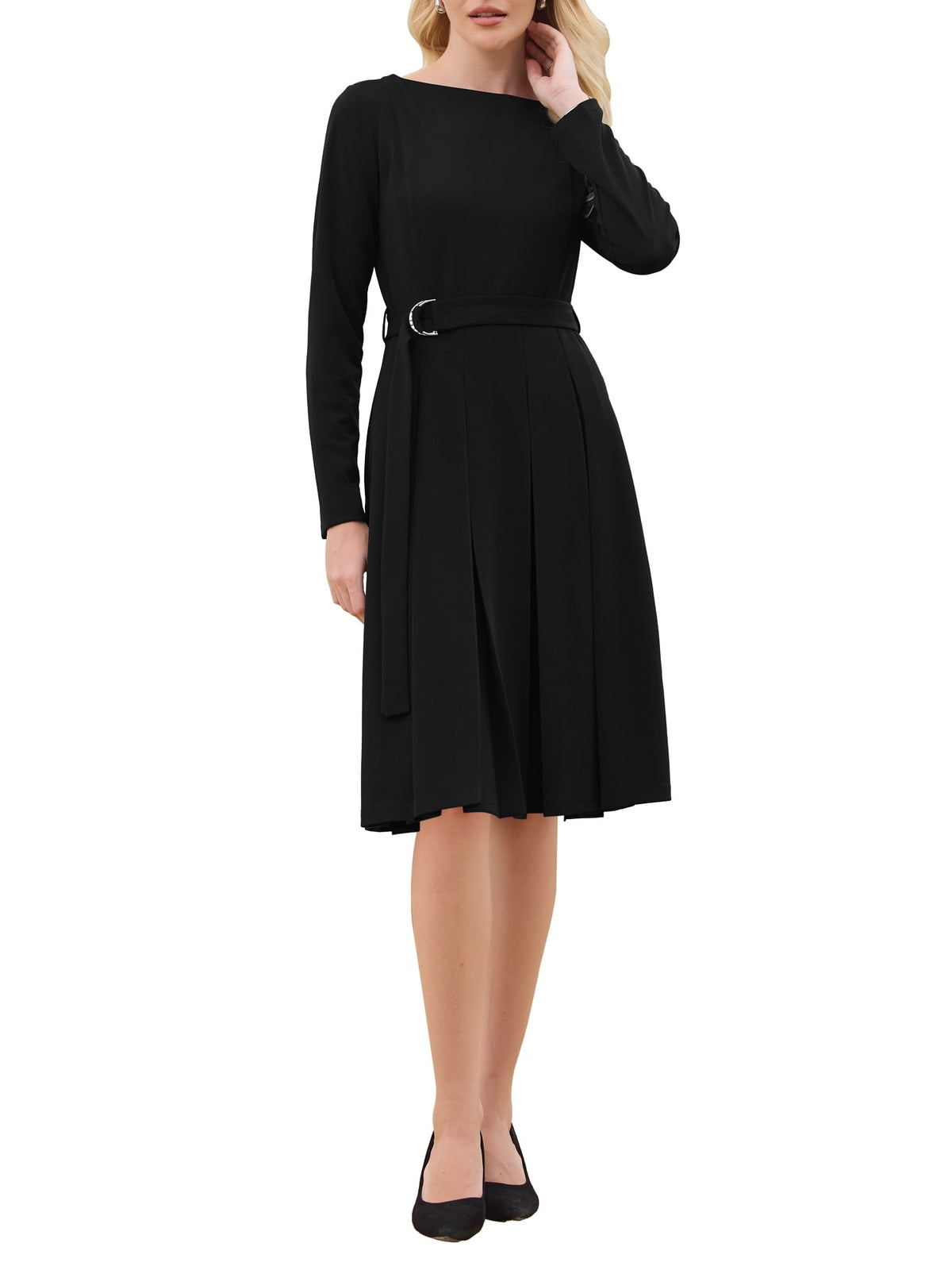 thumbnail image 1 of INSPIRE CHIC Women's Pleated Dress A Line Tie Waist Business Casual Long Sleeve Dresses S Black, 1 of 5