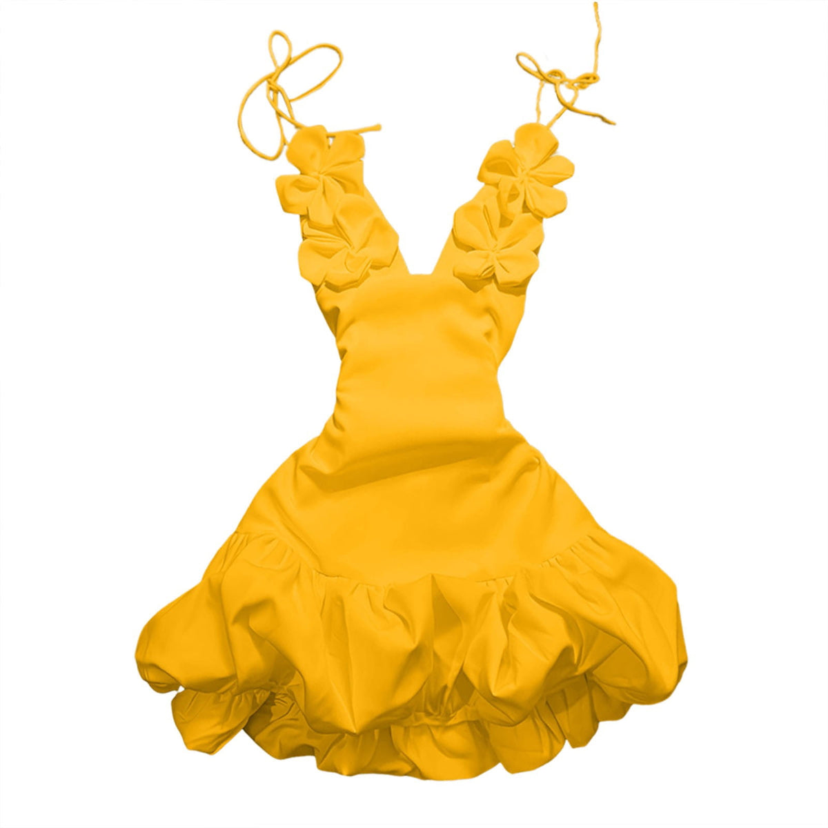 thumbnail image 1 of IWRICH Women's Spaghetti Strap Bodycon Dress 3D Floral Pleated Ruffle Hem Mini Dress for Nightclub Yellow XS, 1 of 2
