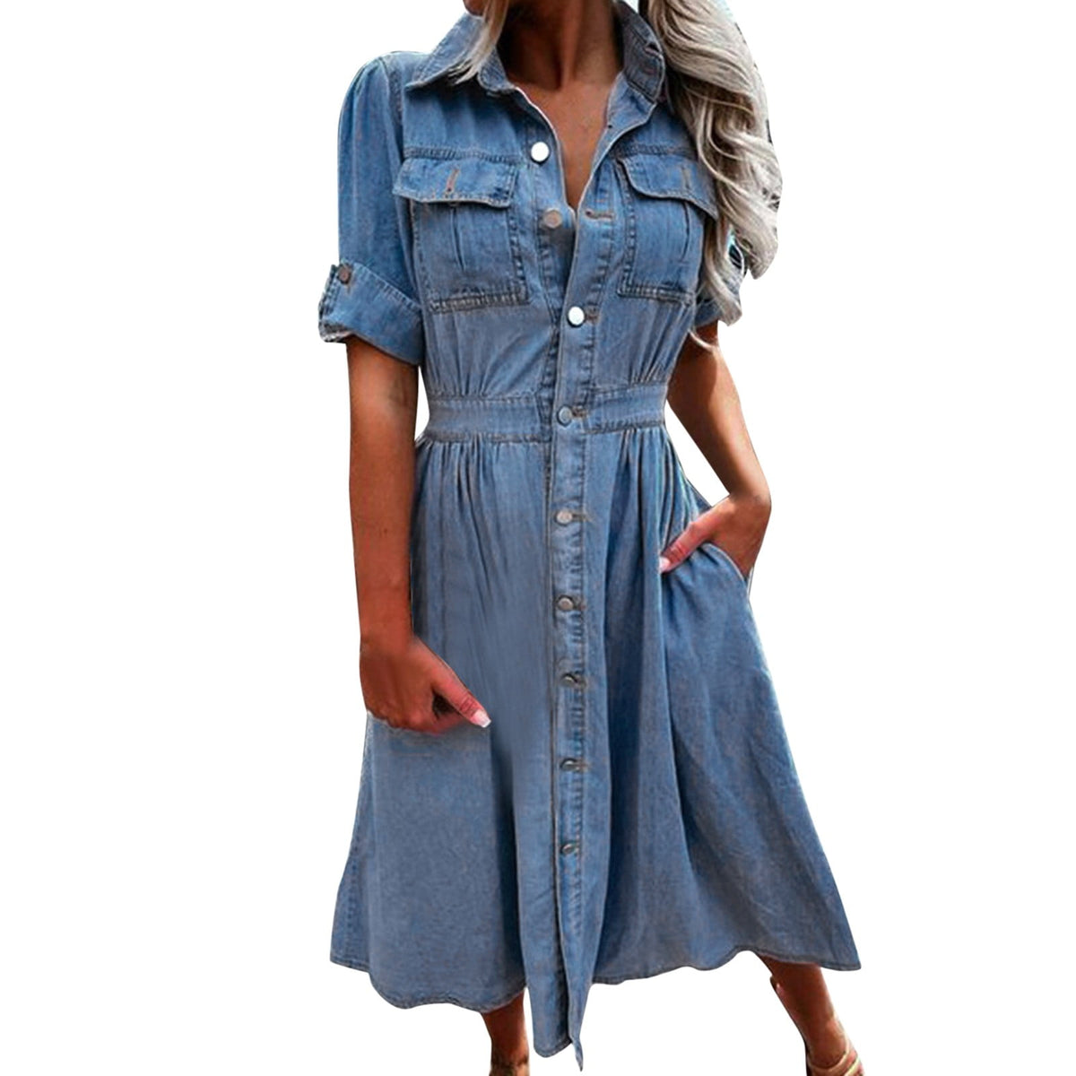 thumbnail image 1 of Jamsmile Womens Denim Dress Casual Summer Button Dresses With Multi Pockets High Waist Slim Ladies Lightweight Dress Clothes, 1 of 8