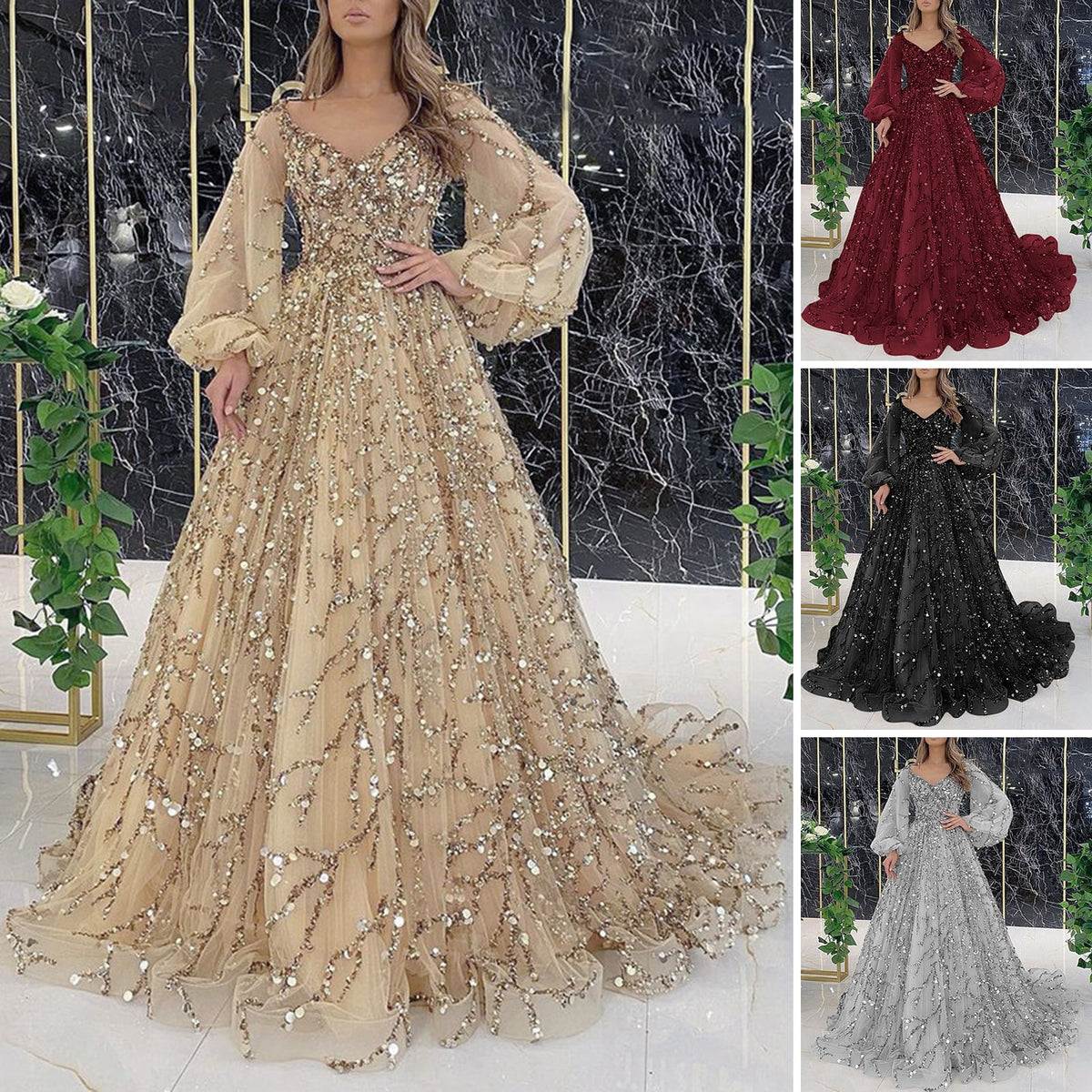 thumbnail image 1 of Joernso Women Evening Dress V Neck Lantern Sleeve Shiny Sequin Beading Padded A-line Floor Length Mesh Double-layered Cocktail Party Dress Formal Prom Gown, 1 of 8