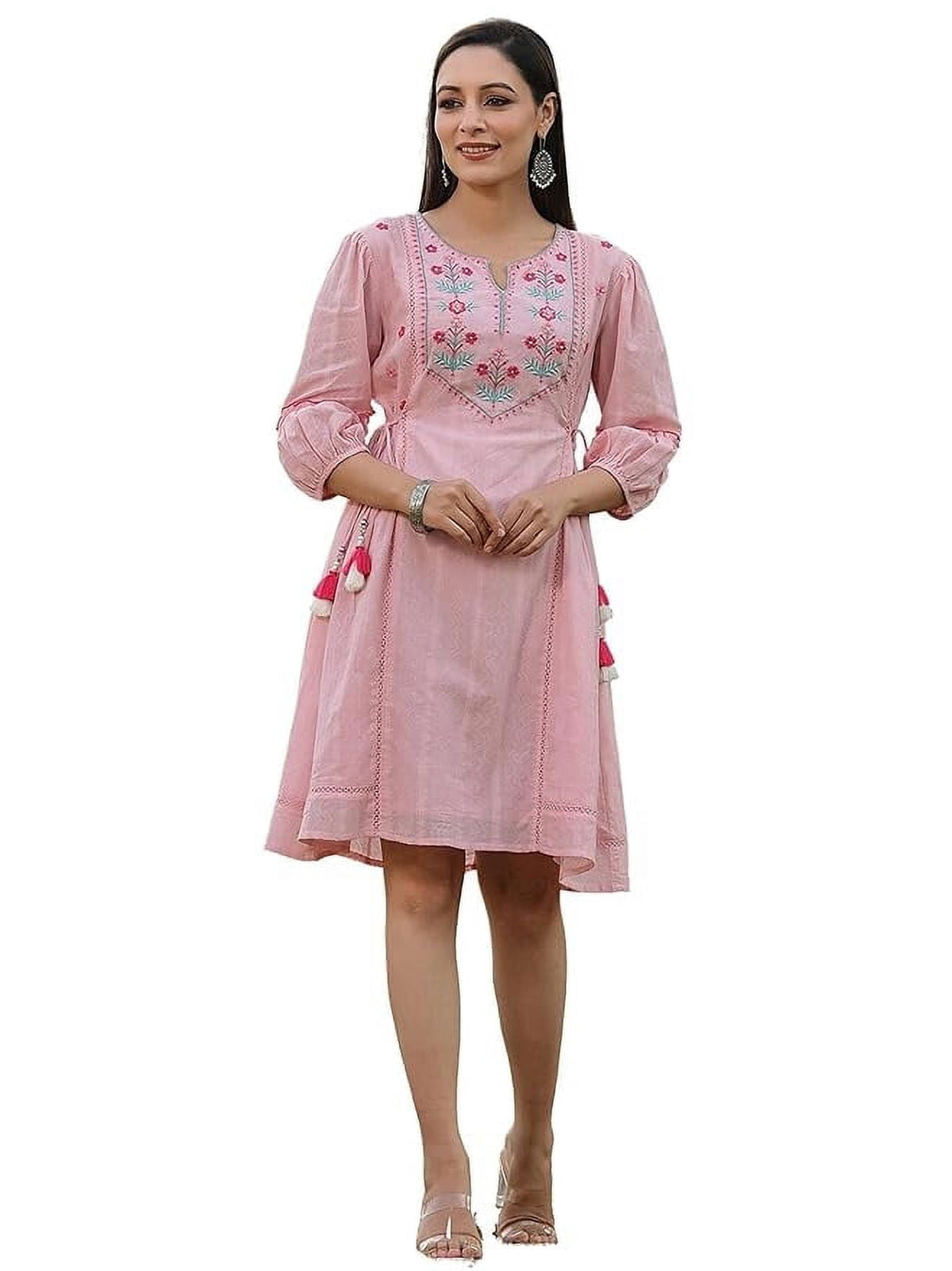 thumbnail image 1 of Juniper Pink Floral Printed Cotton Dobby Flared Short Dress With Thread Embroidery, 1 of 1