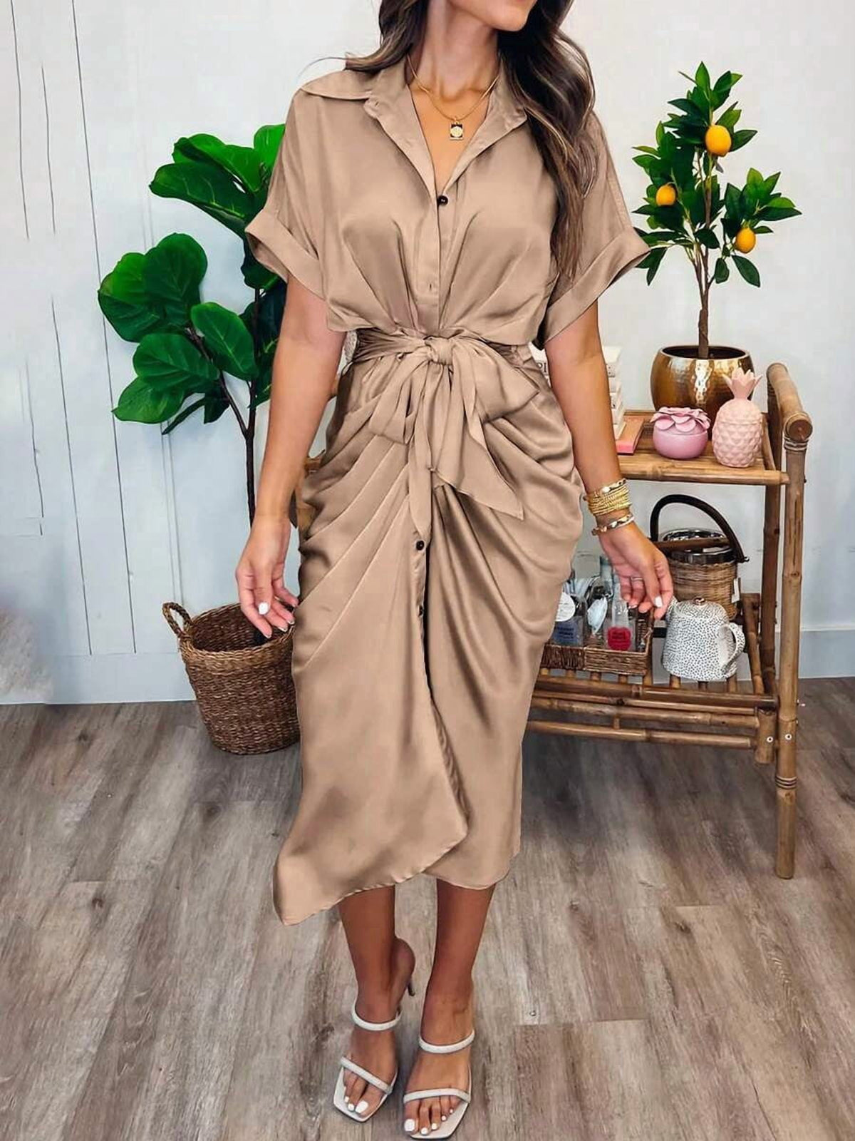 thumbnail image 1 of Khaki Ruched Button Down Midi Dress with Tie Waist, 1 of 5
