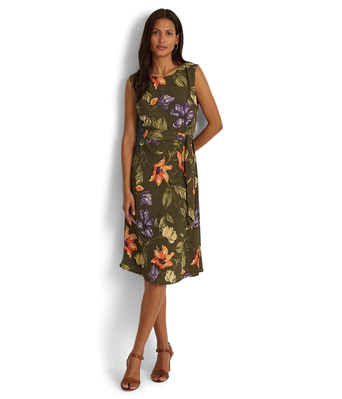 thumbnail image 1 of Lauren Ralph Lauren Floral Belted Crepe Dress Olive Multi 0, 1 of 4