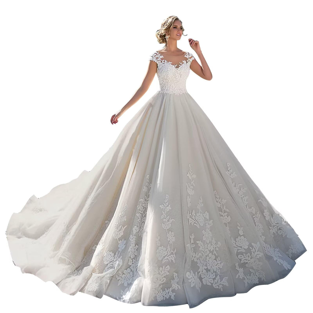 thumbnail image 1 of Long Sleeve Wedding Dress for Bride 2026 Off Shoulder Lace Appliques V Neck Tulle Bridal Ball Gowns with Train, 1 of 6