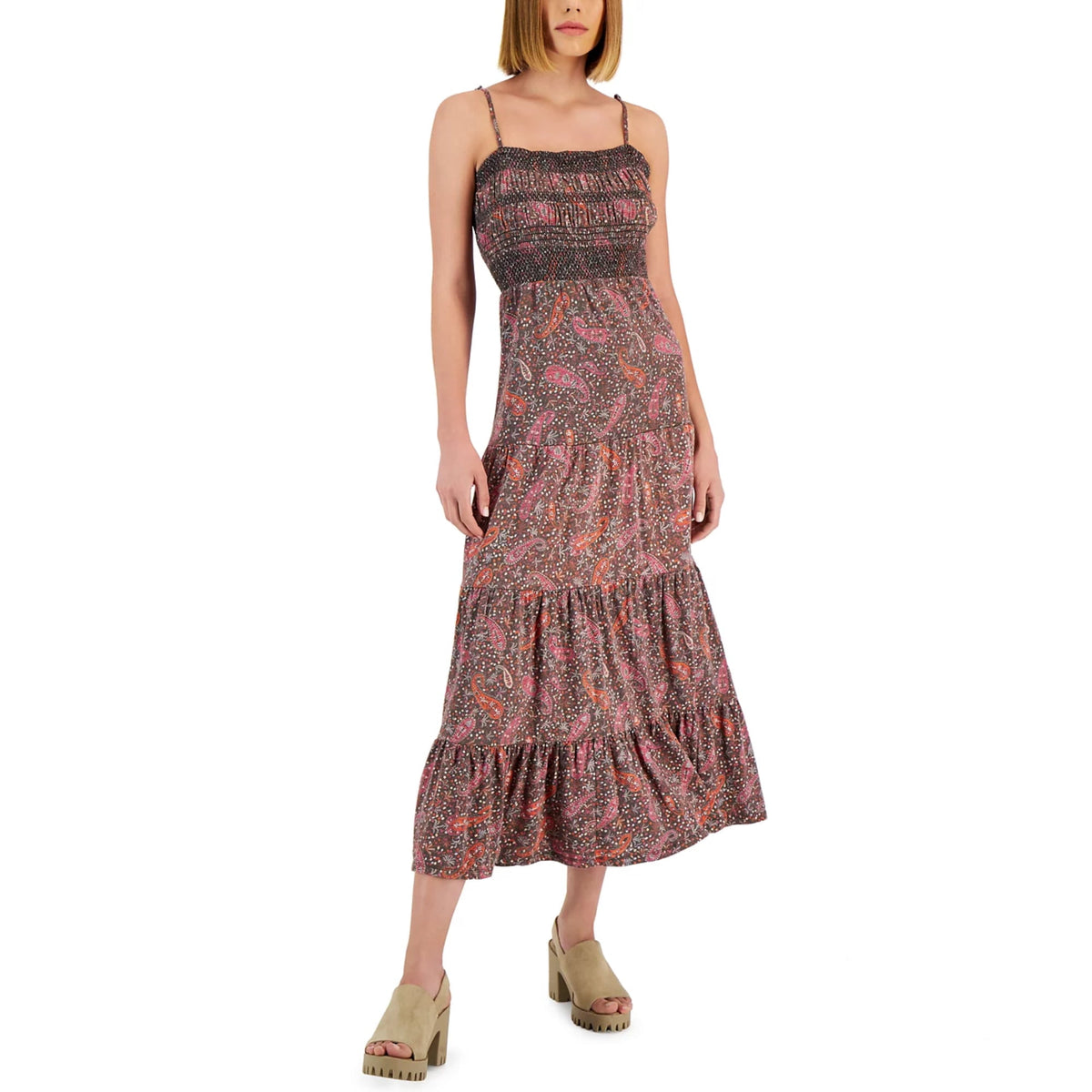 thumbnail image 1 of Lucky Brand Women's Paisley Print Embroidered Cotton Cut-out Tie Back Tired Maxi Dress (Black, M), 1 of 6