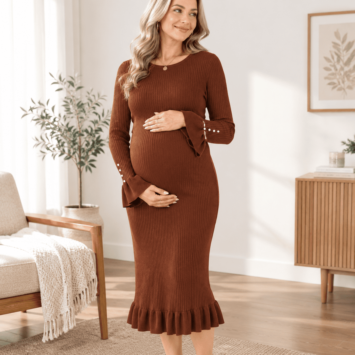 thumbnail image 1 of Maternityer Dress Long Sleeve Ruffle Knit Shower, 1 of 6